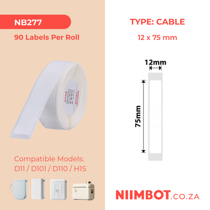 NB277 - NIIMBOT - D11 / D101 / D110 / H1S - R12X75MM - 90 LABELS PER ROLL - JEWELLERY - WHITE