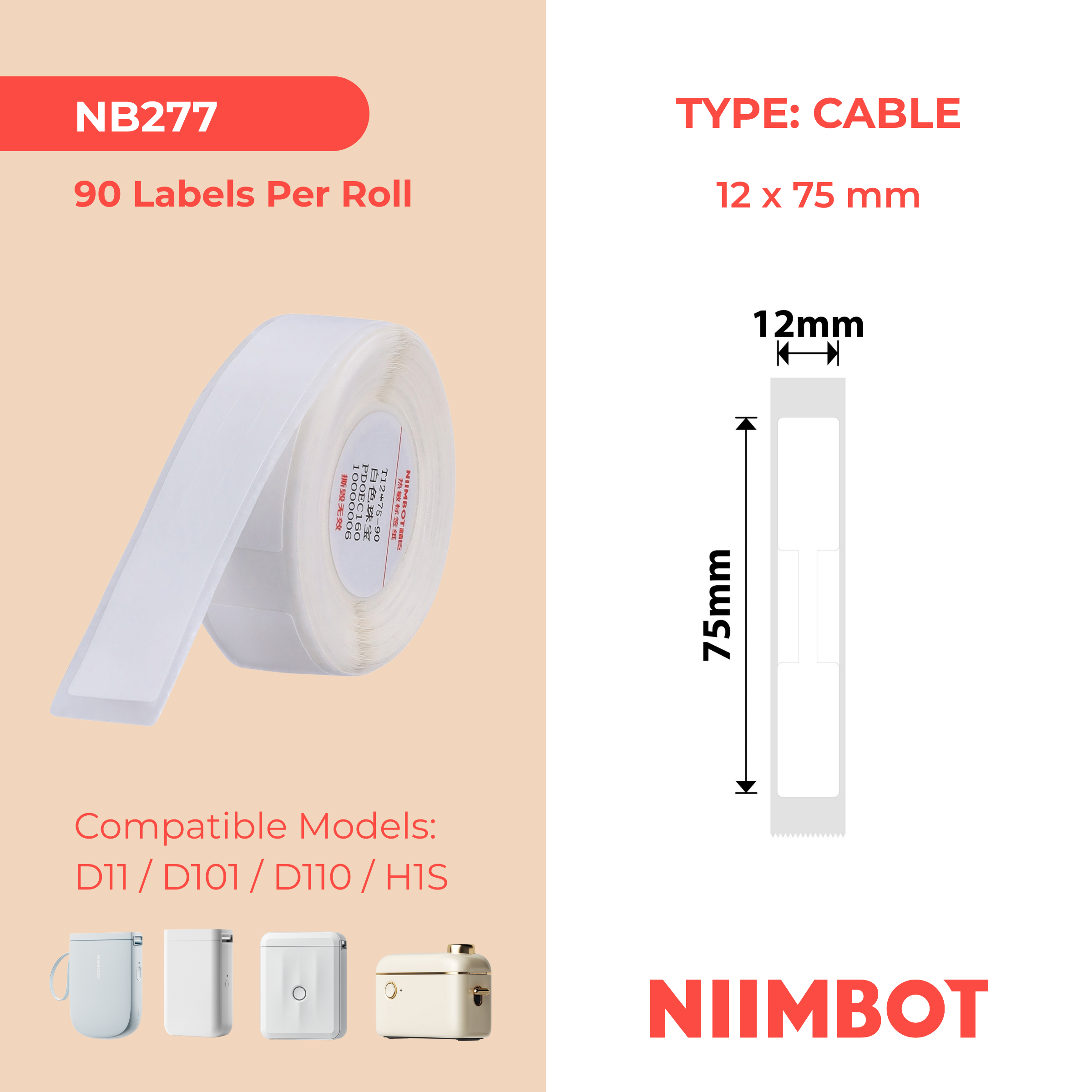 NB277 - NIIMBOT - D11 / D101 / D110 / H1S - R12X75MM - 90 LABELS PER ROLL - JEWELLERY - WHITE