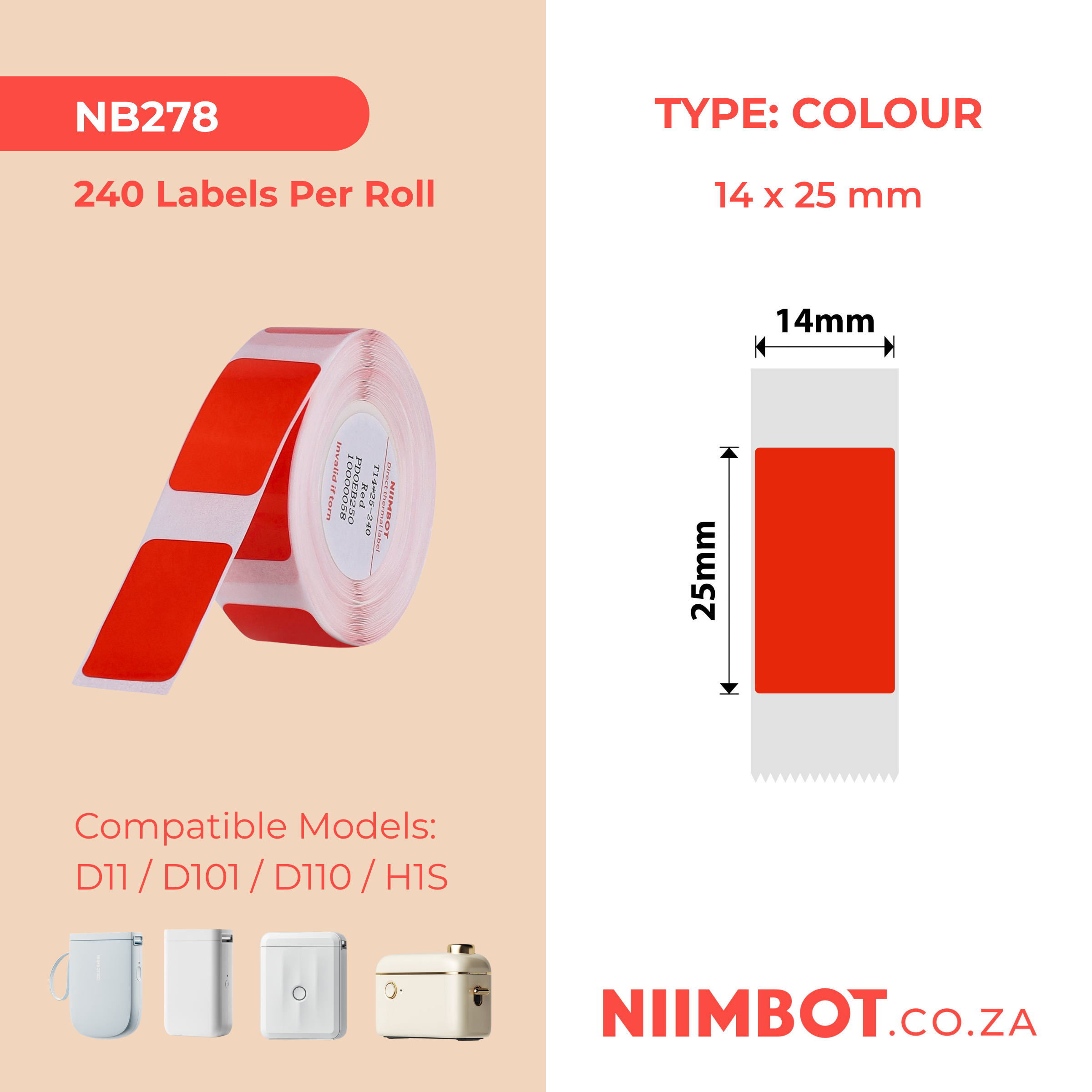 NB278 - NIIMBOT - D11 / D101 / D110 / H1S - R14X25MM - 240 LABELS PER ROLL - RED DESIGN