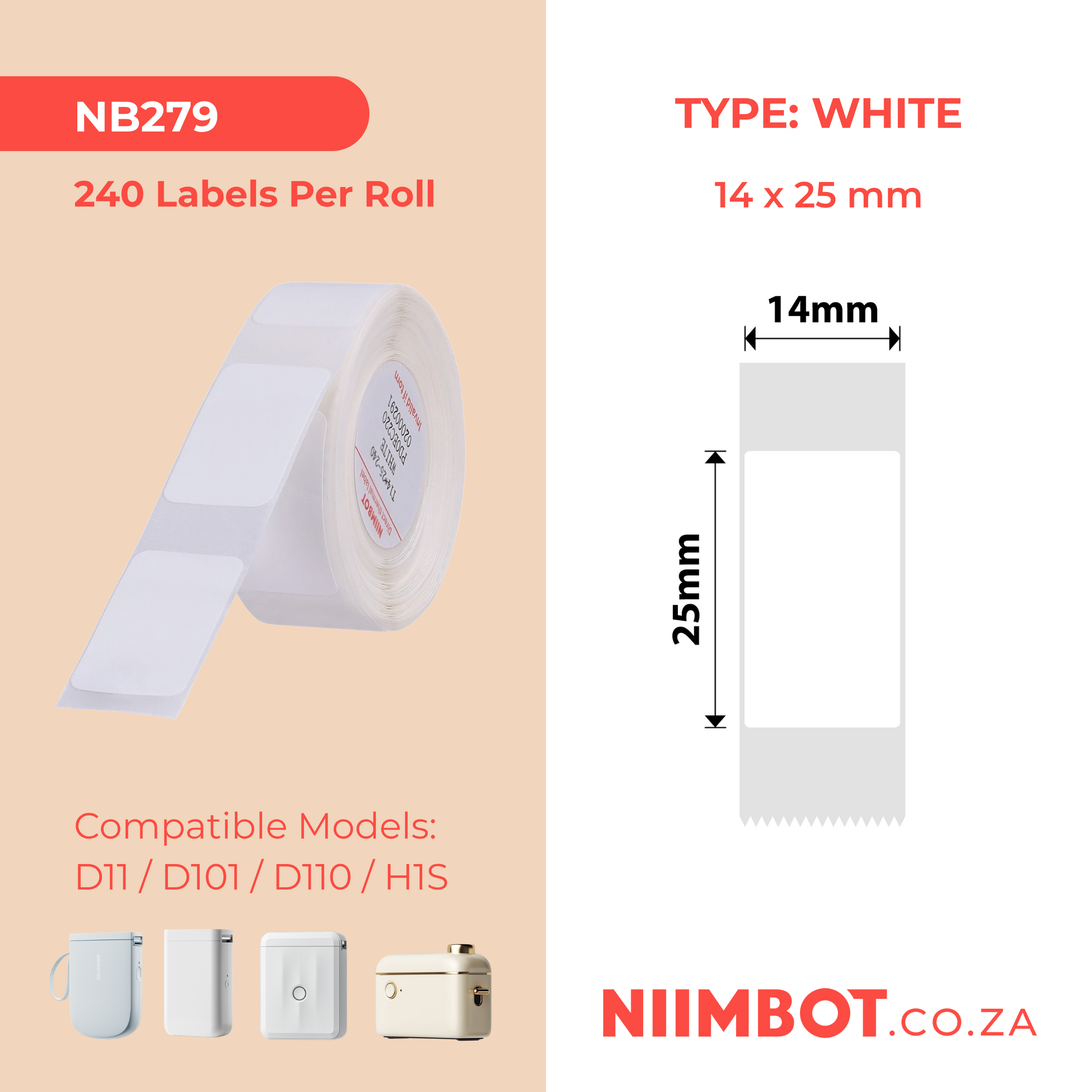 NB279 - NIIMBOT - D11 / D101 / D110 / H1S - R14X25MM - 240 LABELS PER ROLL - WHITE
