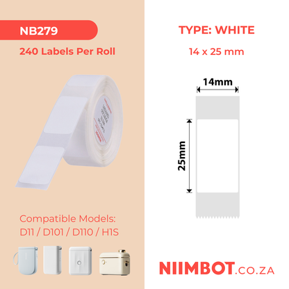 NB279 - NIIMBOT - D11 / D101 / D110 / H1S - R14X25MM - 240 LABELS PER ROLL - WHITE