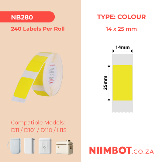 NB280 - NIIMBOT - D11 / D101 / D110 / H1S - R14X25MM - 240 LABELS PER ROLL - YELLOW