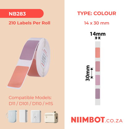 NB283 - NIIMBOT - D11 / D101 / D110 / H1S - R14X30MM - 210 LABELS PER ROLL -  PINK (4 COLOURS)