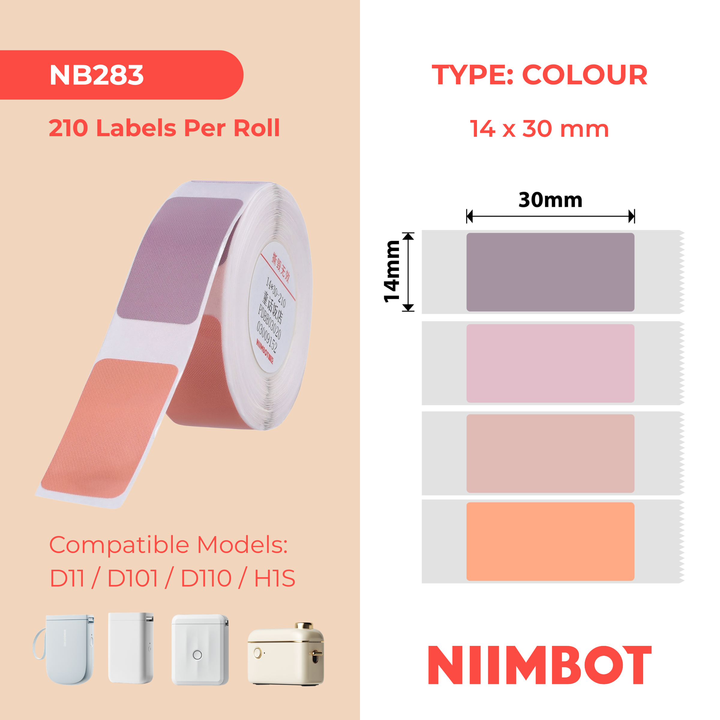NB283 - Niimbot - D11 / D101 / D110 / H1S - 14x30mm - 195 Pink Mixed Colours Labels