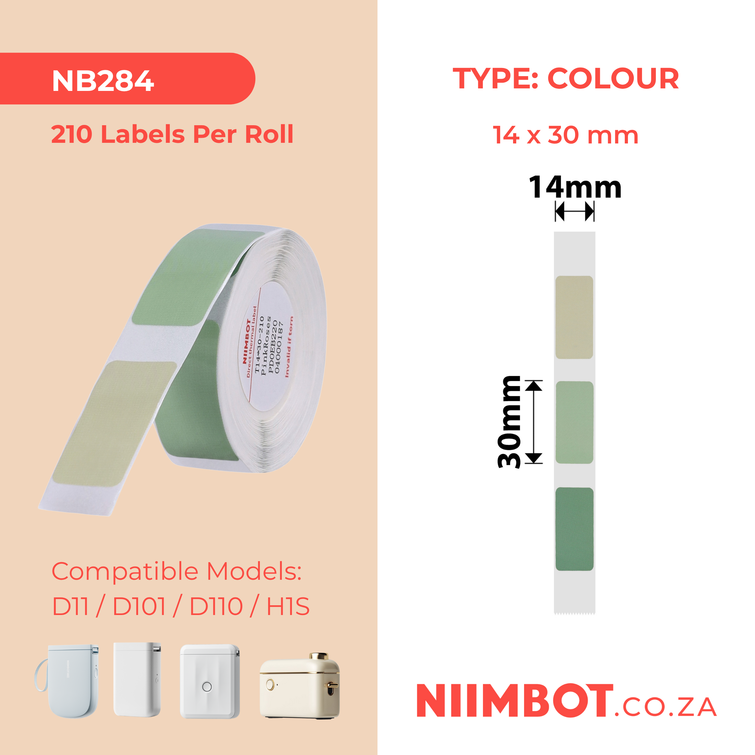 NB284 - NIIMBOT - D11 / D101 / D110 / H1S - R14X30MM - 210 LABELS PER ROLL -  GREEN (3 COLOURS)