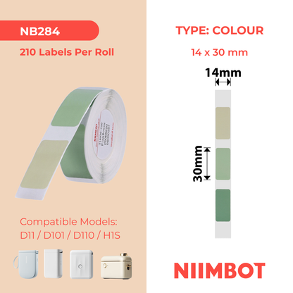 NB284 - NIIMBOT - D11 / D101 / D110 / H1S - R14X30MM - 210 LABELS PER ROLL -  GREEN (3 COLOURS)