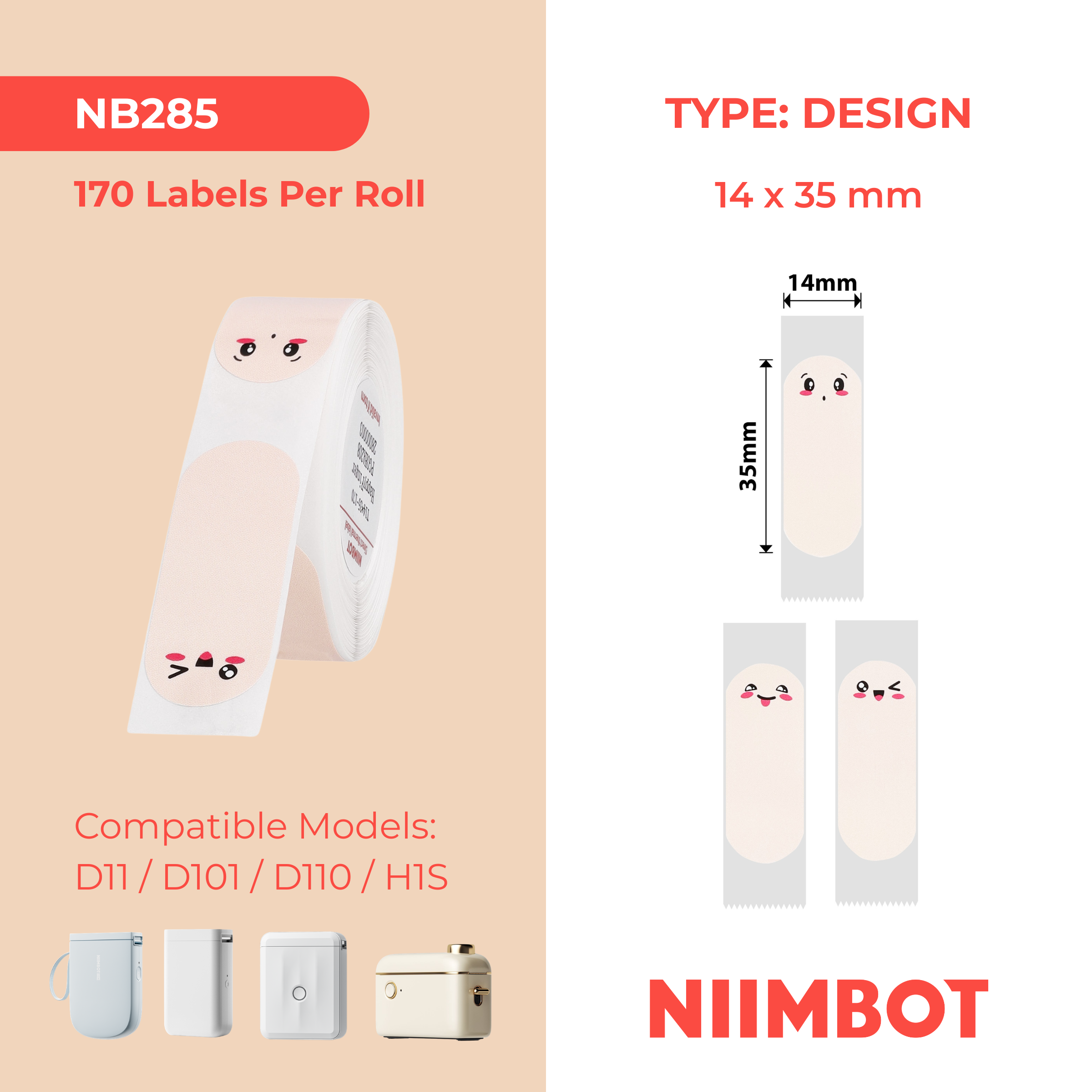 NB285 - Niimbot - D11 / D101 / D110 / H1S - 14x35mm - 170 Happy Finger Labels