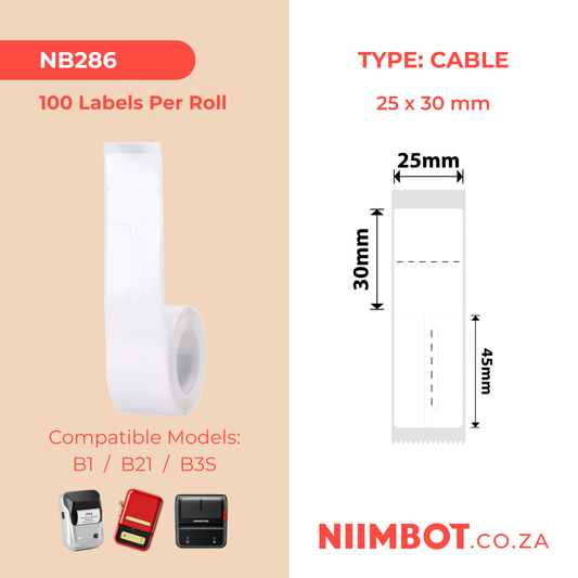 NB286 - NIIMBOT - B1 / B21 / B3S - T25X30+45MM - 100 LABELS PER ROLL - JEWELLERY - WHITE