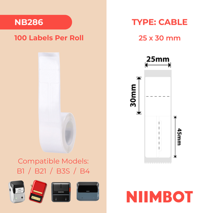 NB286 - NIIMBOT - B1 / B21 / B3S / B4 - T25X30+45MM - 100 LABELS PER ROLL - JEWELLERY - WHITE