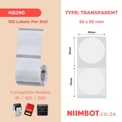 NB290 - NIIMBOT - B1 / B21 / B3S / B4 - TT50X50MM - 150 LABELS PER ROLL - ROUND - TRANSPARENT