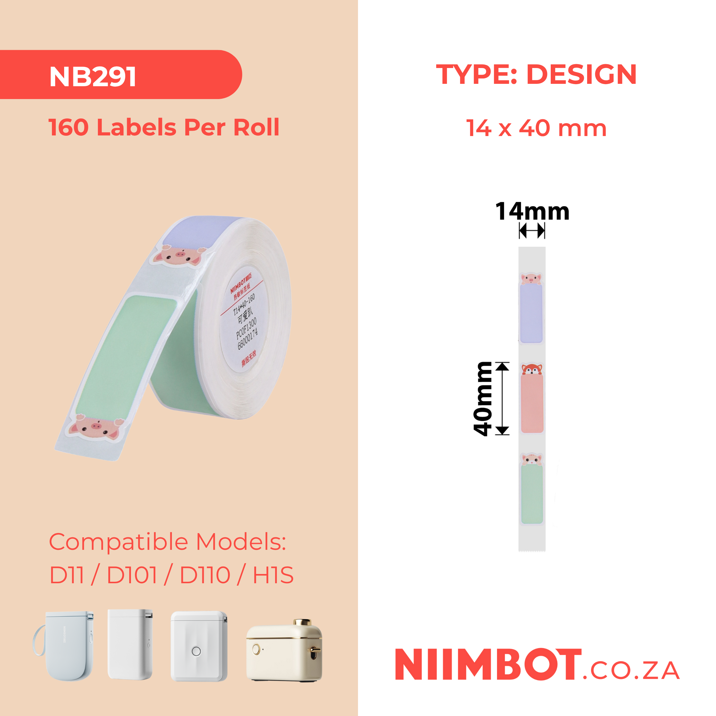 NB291 - NIIMBOT - D11 / D101 / D110 / H1S - R14X40MM - 160 LABELS PER ROLL - SLEEPY ANIMALS DESIGN
