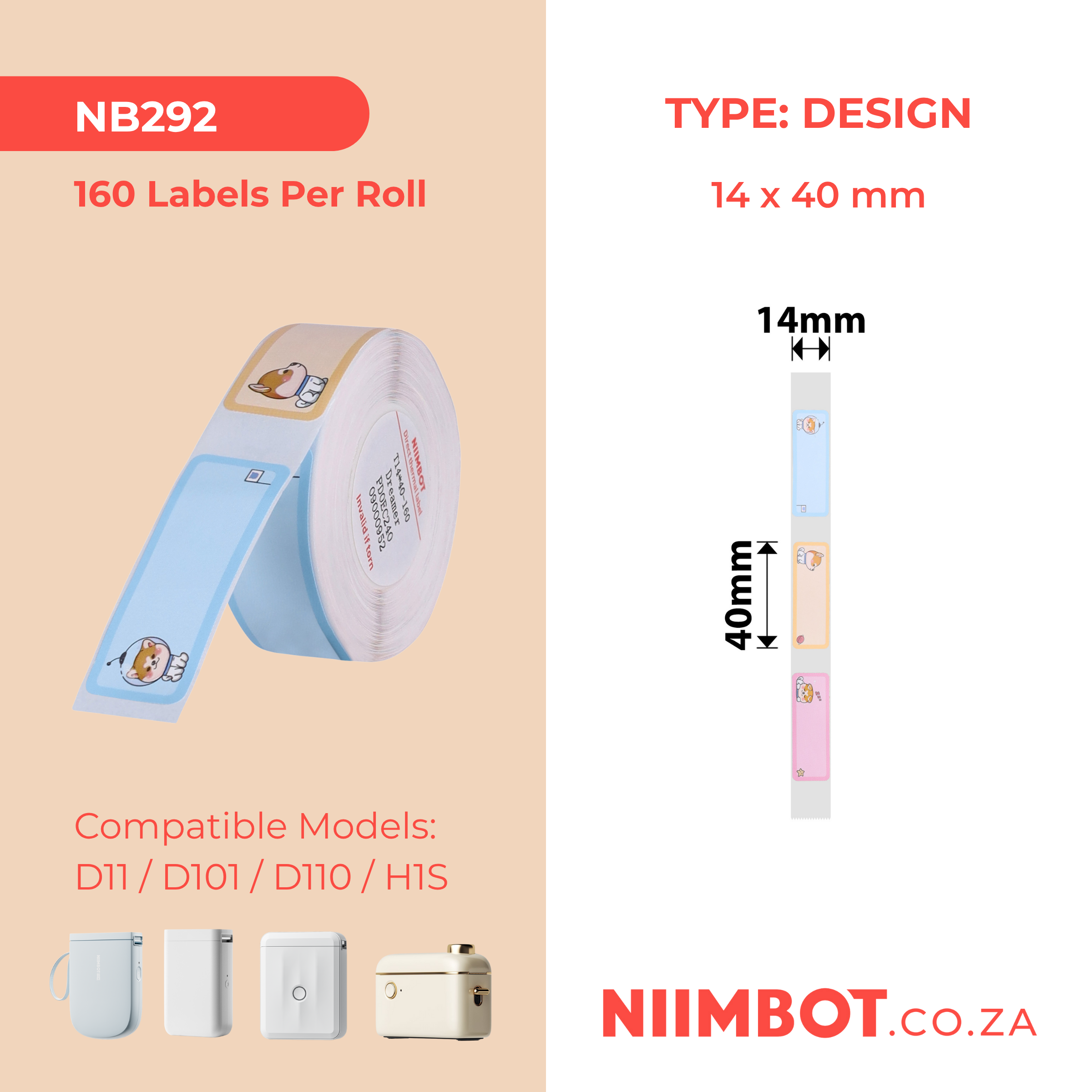 NB292 - NIIMBOT - D11 / D101 / D110 / H1S - R14X40MM - 160 LABELS PER ROLL - DREAMING PUPPY DESIGN