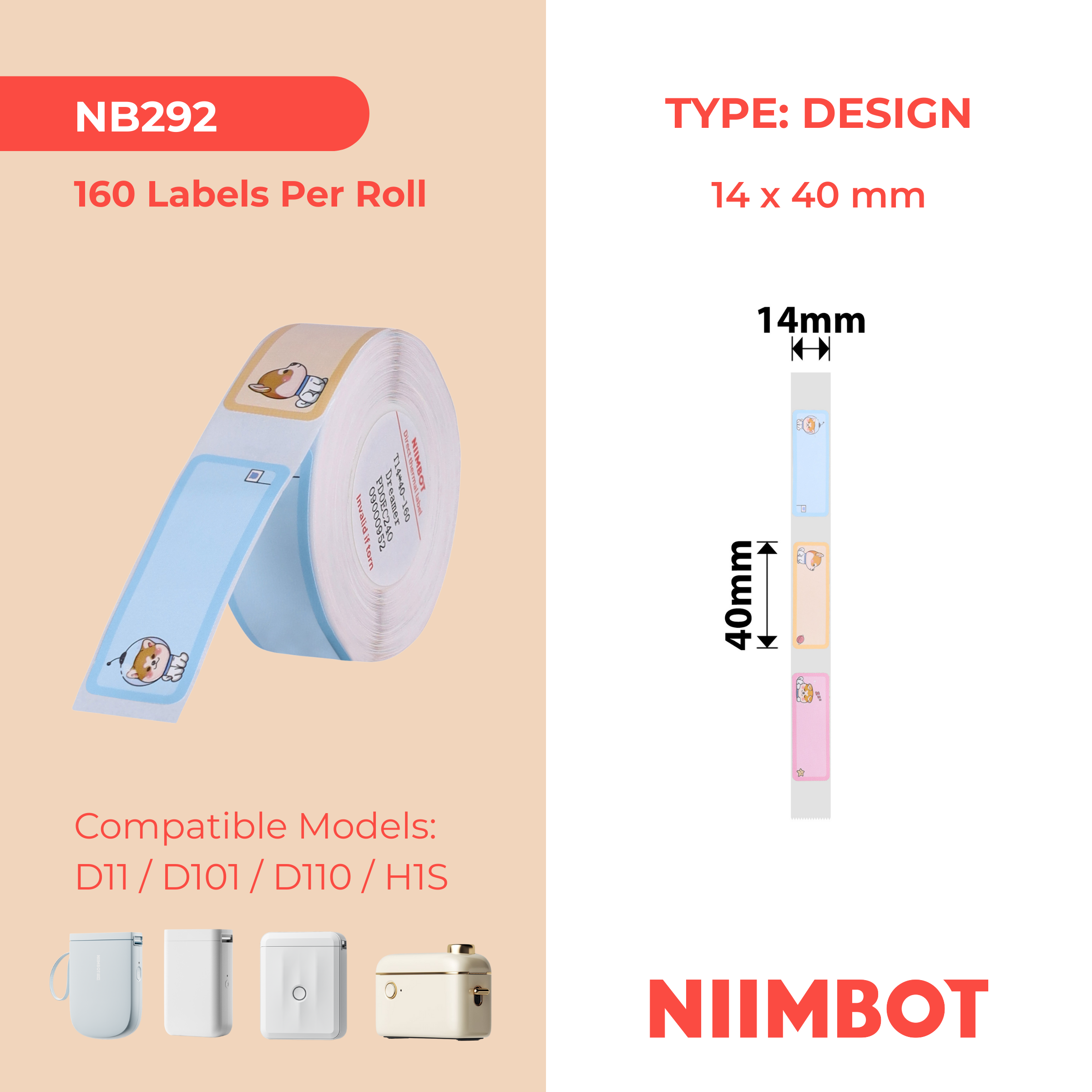 NB292 - NIIMBOT - D11 / D101 / D110 / H1S - R14X40MM - 160 LABELS PER ROLL - DREAMING PUPPY DESIGN