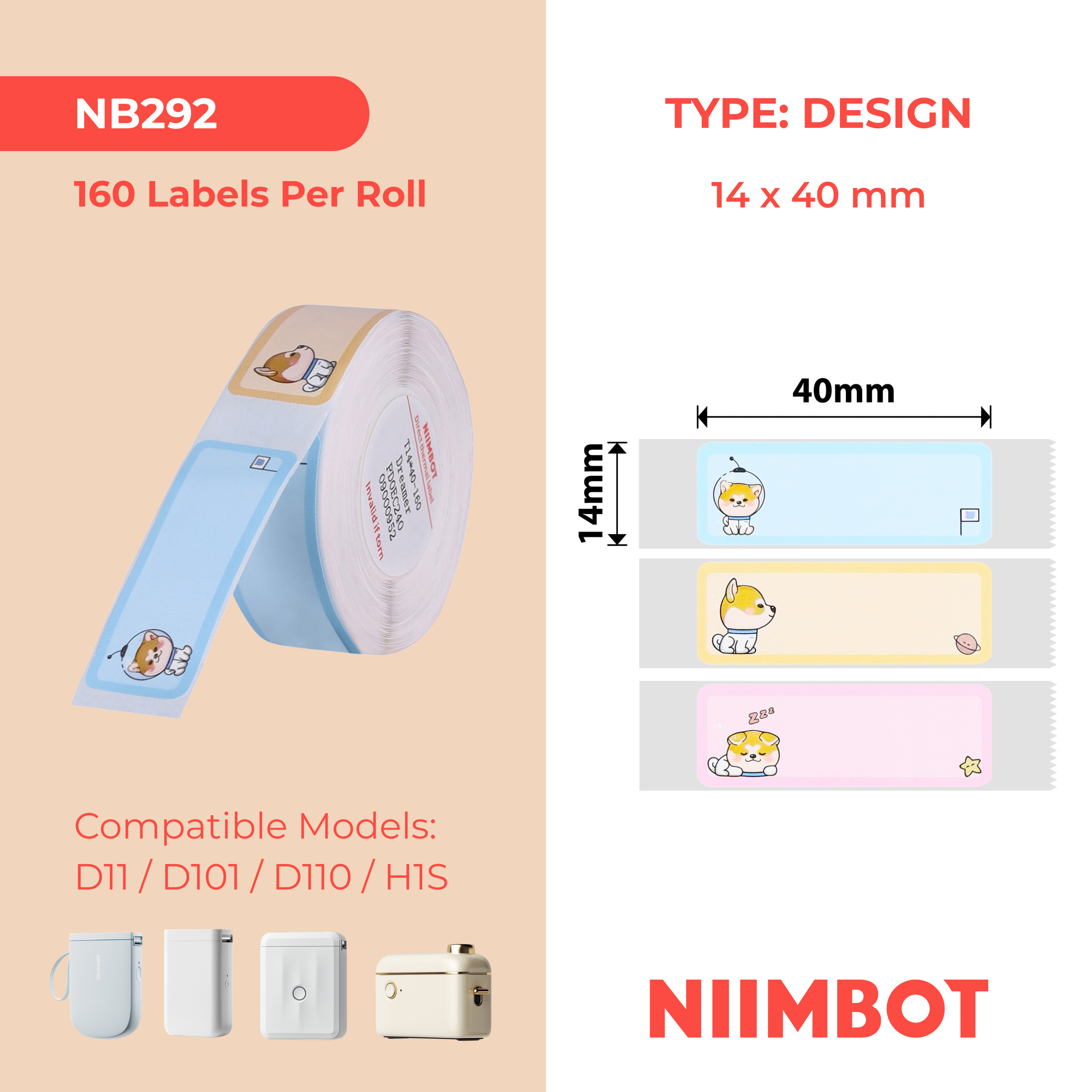 NB292 - Niimbot - D11 / D101 / D110 / H1S - 14x40mm - 160 Dreaming Puppy Labels