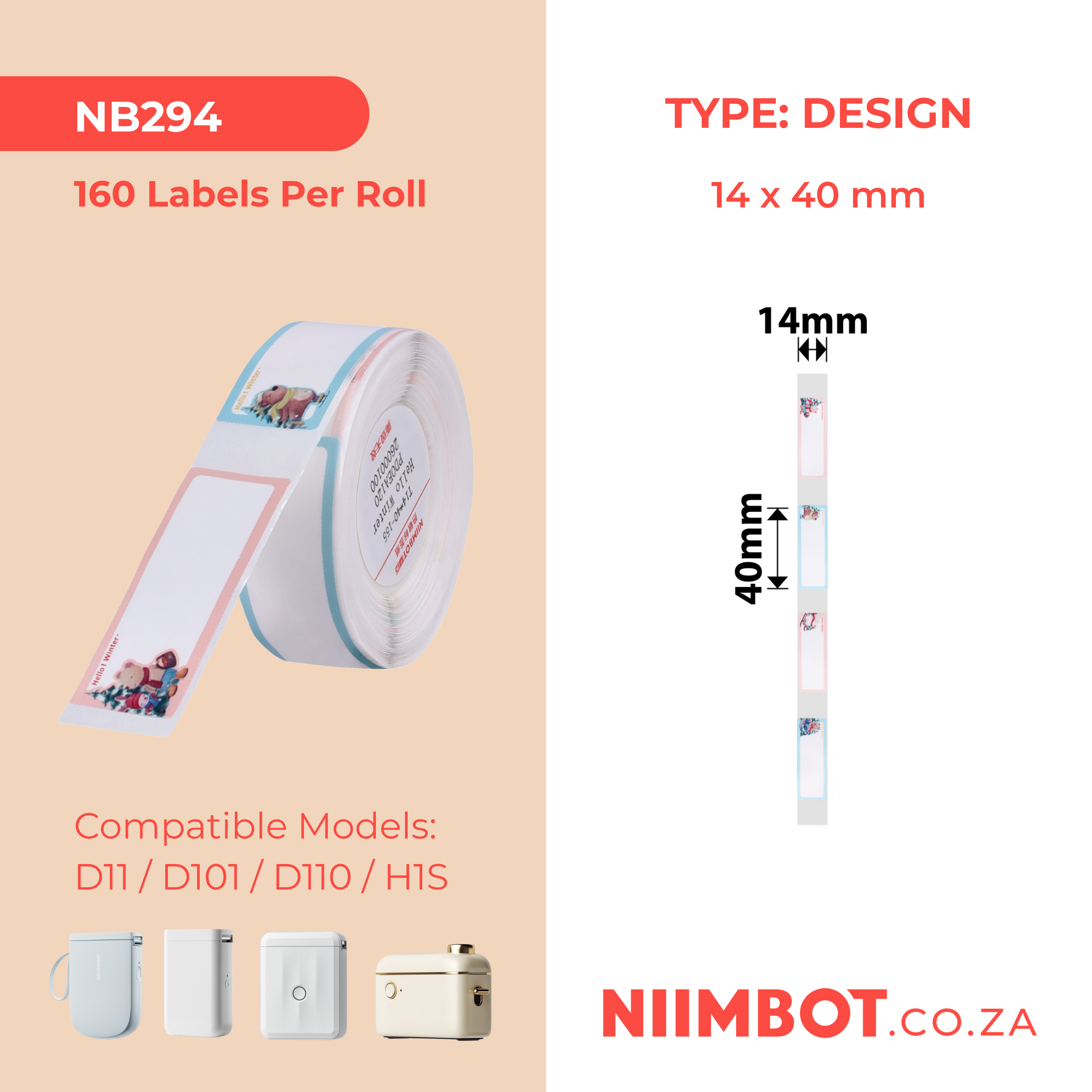 NB294 - NIIMBOT - D11 / D101 / D110 / H1S - R14X40MM - 160 LABELS PER ROLL - HELLO WINTER