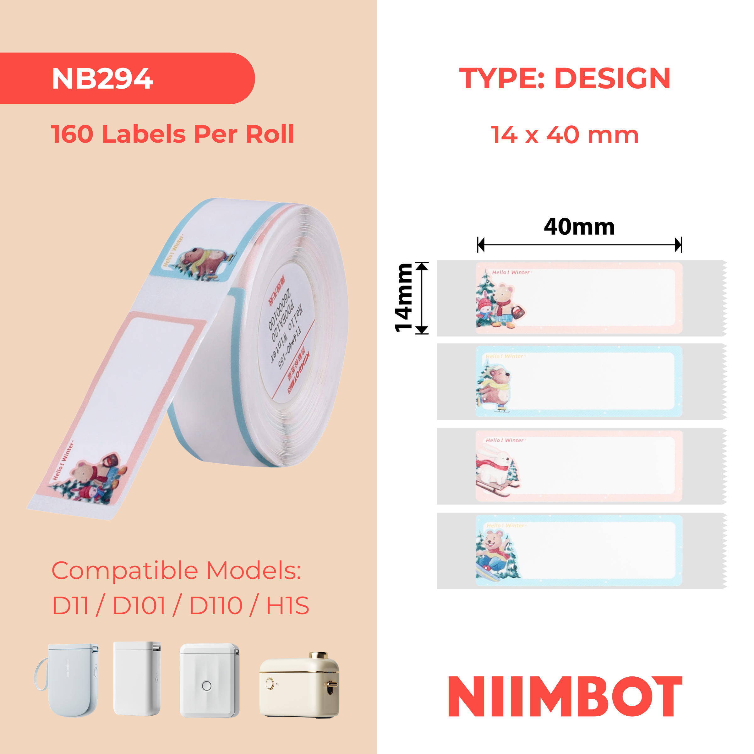 NB294 - Niimbot - D11 / D101 / D110 / H1S - 14x40mm - 160 Hello Winter Labels