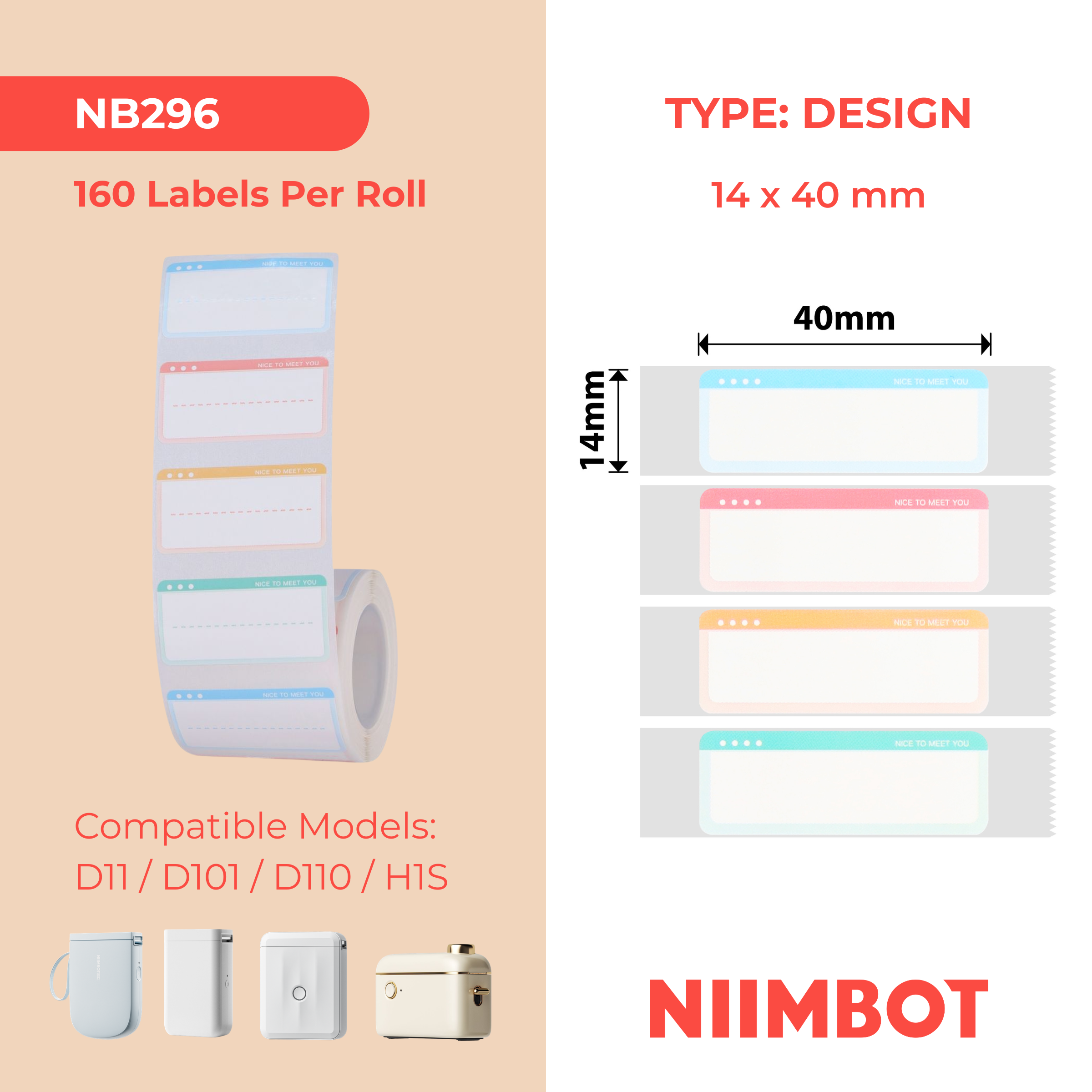 NB296 - Niimbot - D11 / D101 / D110 / H1S - 14x40mm - 155 Nice To Meet You Labels