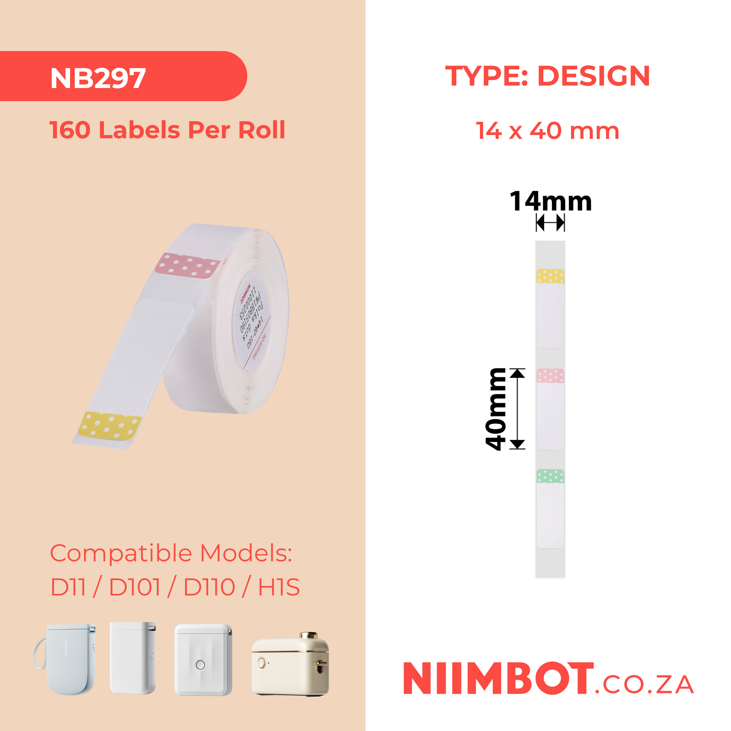 NB297 - NIIMBOT - D11 / D101 / D110 / H1S - R14X40MM - 160 LABELS PER ROLL - POLKA DOTS DESIGN