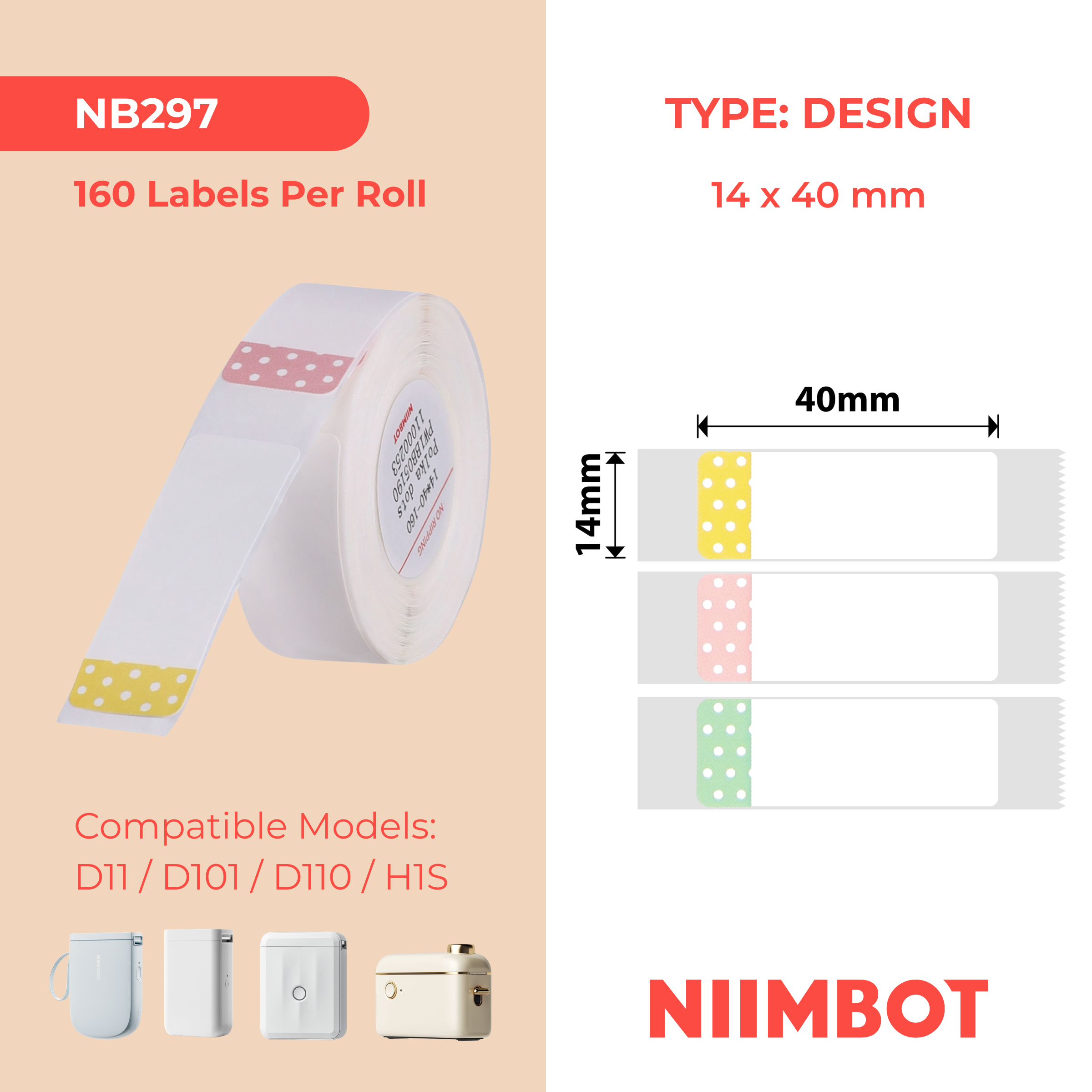 NB297 - Niimbot - D11 / D101 / D110 / H1S - 14x40mm - 155 Polka Dots Labels