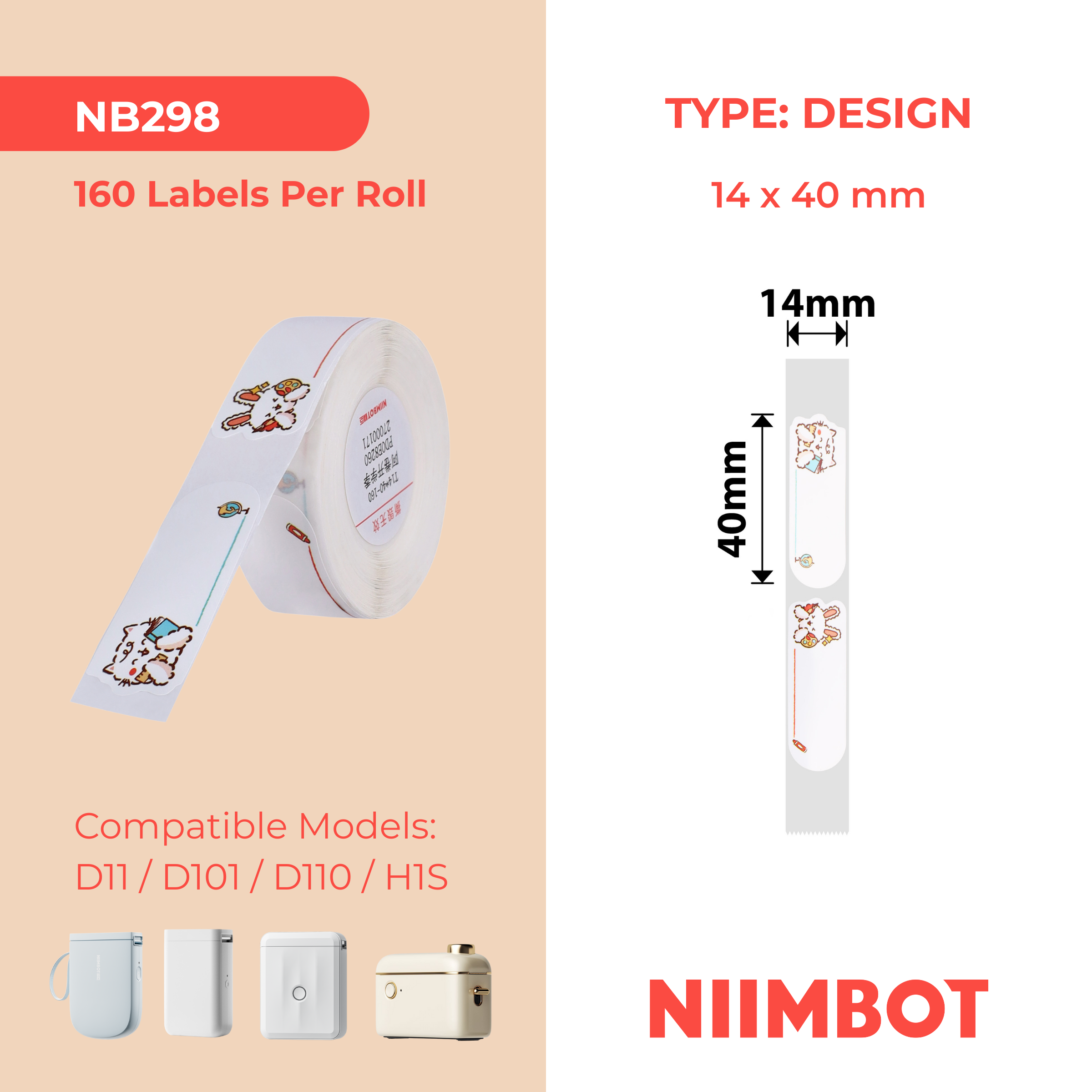 NB298 - NIIMBOT - D11 / D101 / D110 / H1S - R14X40MM - 160 LABELS PER ROLL - SCHOOL RABBIT DESIGN