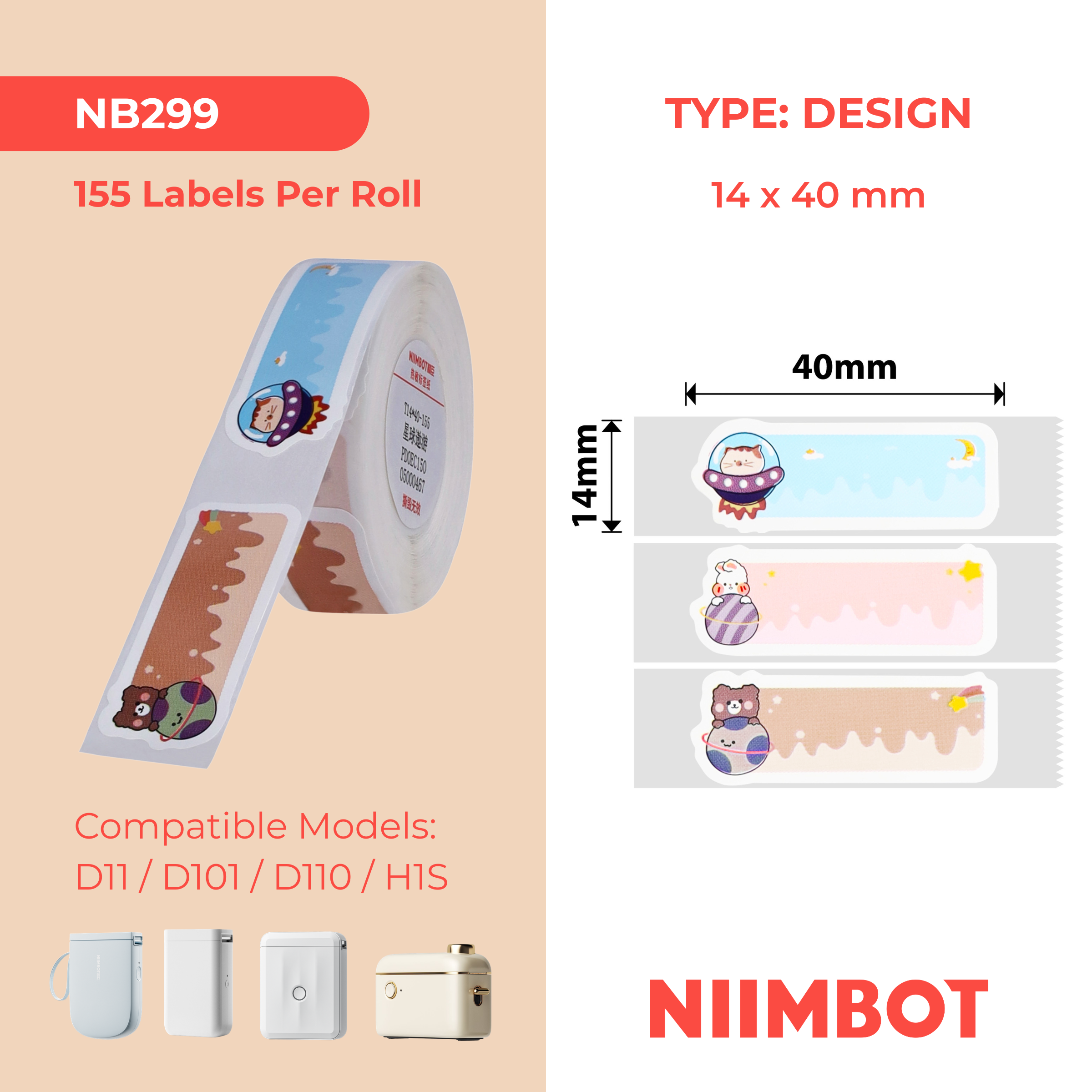 NB299 - Niimbot - D11 / D101 / D110 / H1S - 14x40mm - 155 Star Travel Labels