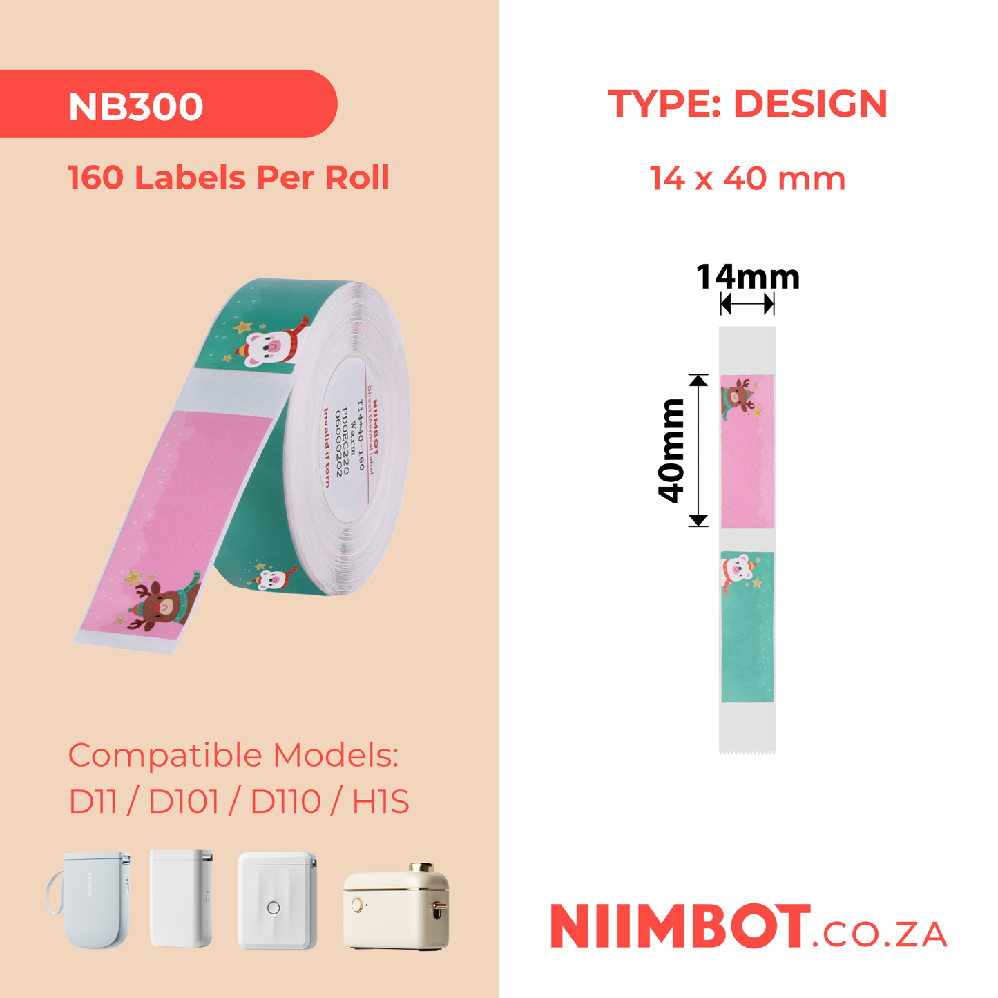 NB300 - NIIMBOT - D11 / D101 / D110 / H1S - R14X40MM - 160 LABELS PER ROLL - COLOUR ANIMALS DESIGN