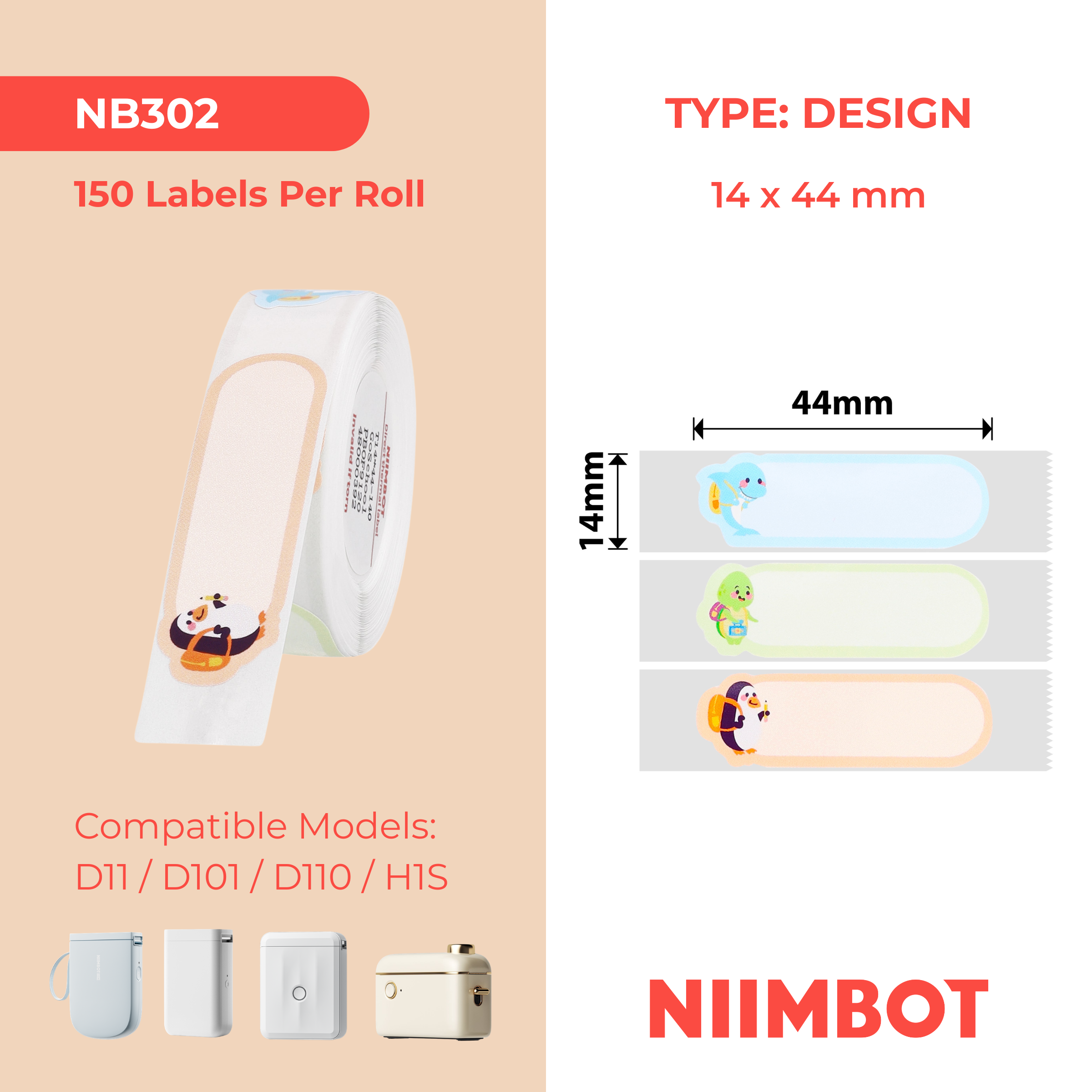 NB302 - Niimbot - D11 / D101 / D110 / H1S - 14x44mm - 140 Go School Labels