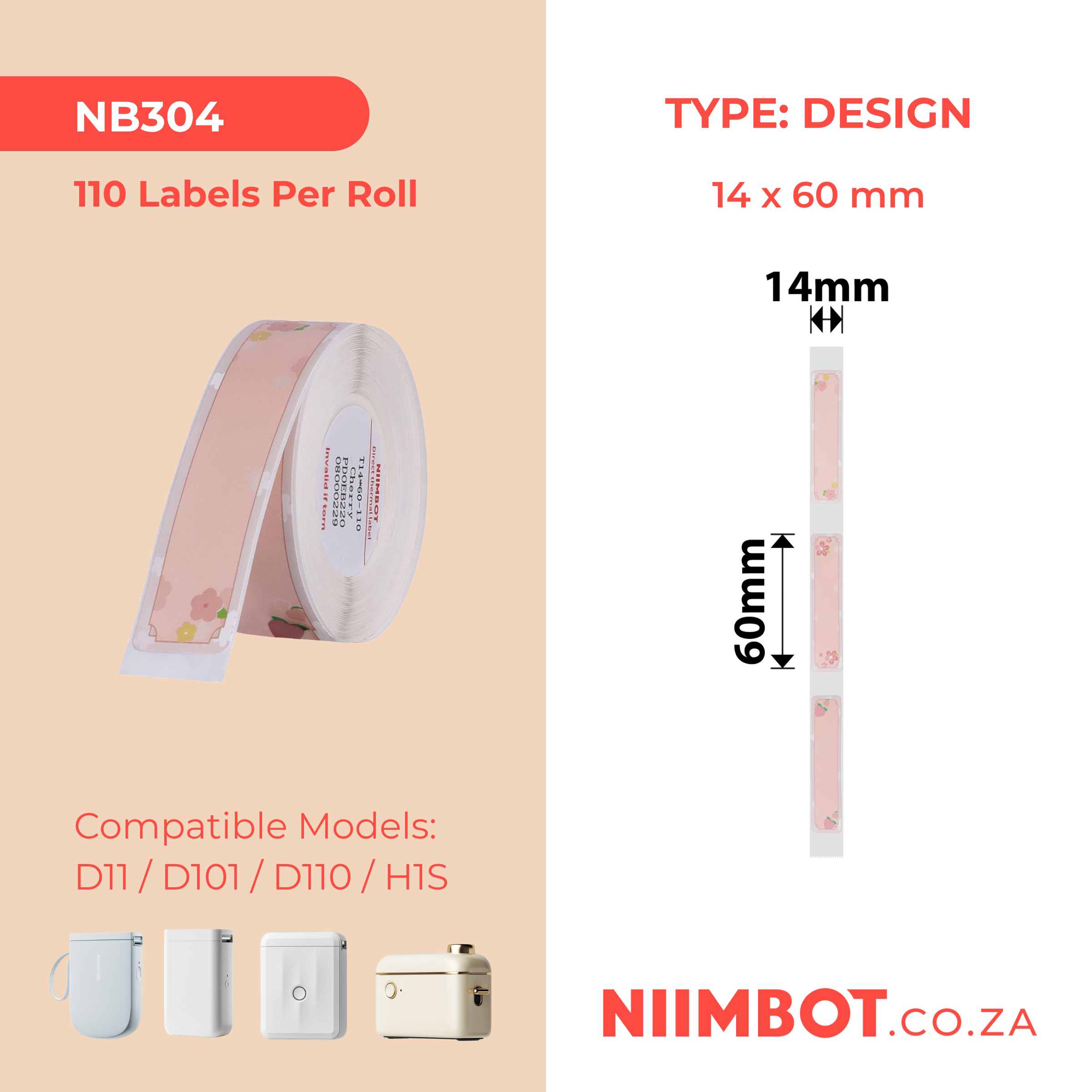 NB304 - NIIMBOT - D11 / D101 / D110 / H1S - R14X60MM - 110 LABELS PER ROLL - CHERRY PINK DESIGN