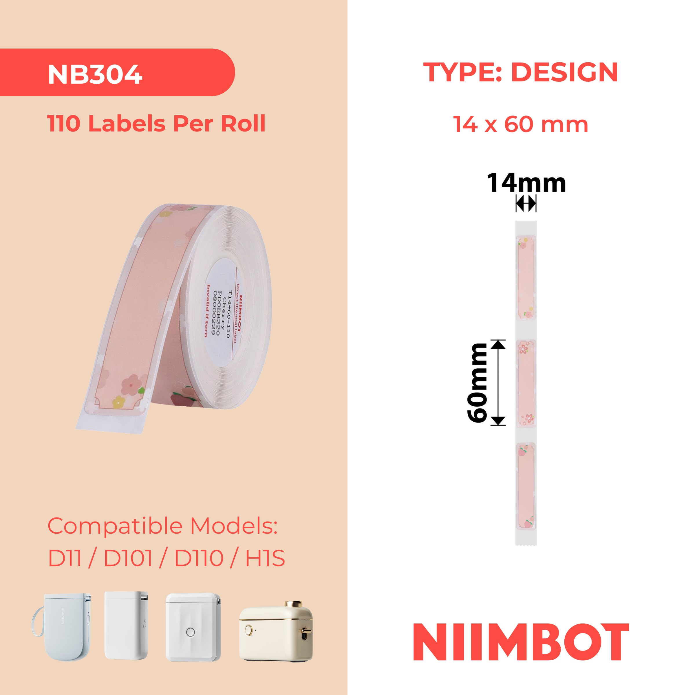 NB304 - NIIMBOT - D11 / D101 / D110 / H1S - R14X60MM - 110 LABELS PER ROLL - CHERRY PINK DESIGN