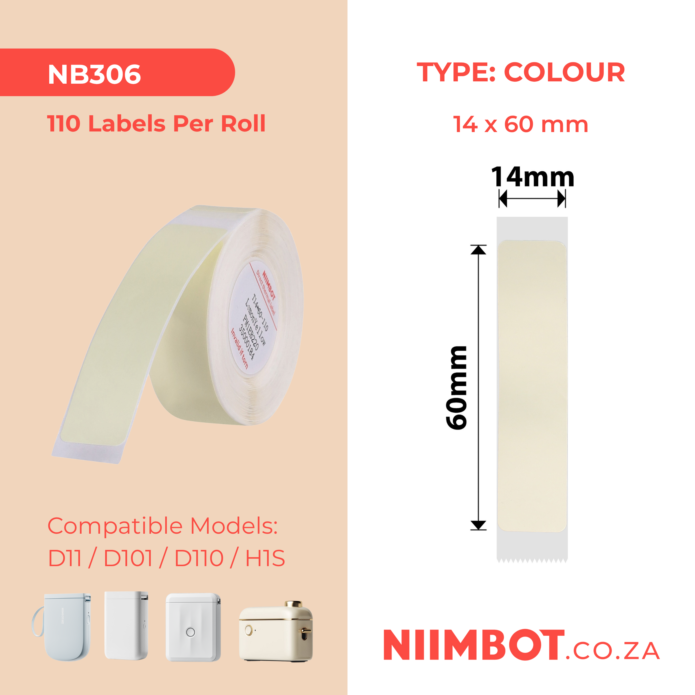 NB306 - NIIMBOT - D11 / D101 / D110 / H1S - R14X60MM - 110 LABELS PER ROLL - LEMON YELLOW