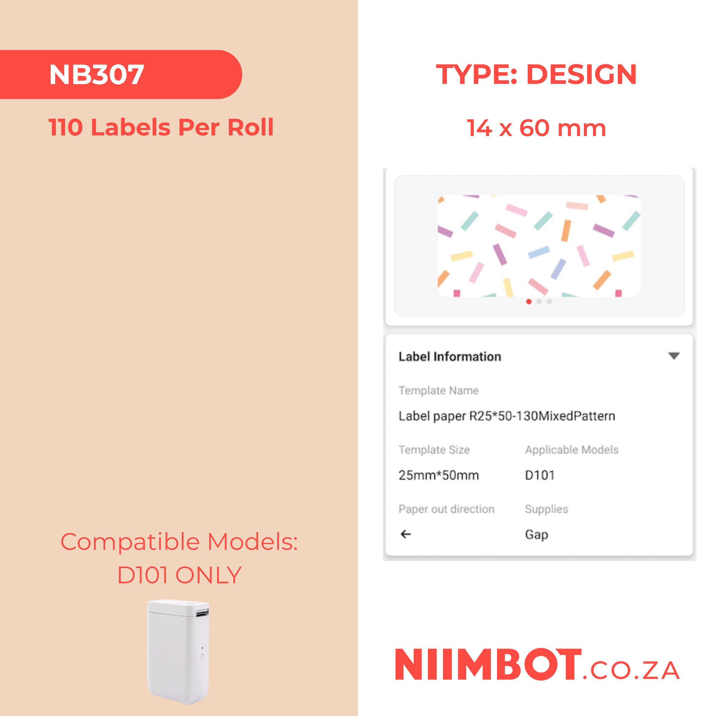 NB307 - NIIMBOT - D101 ONLY - R14X60MM - 110 LABELS PER ROLL - MIXED PATTERN DESIGN