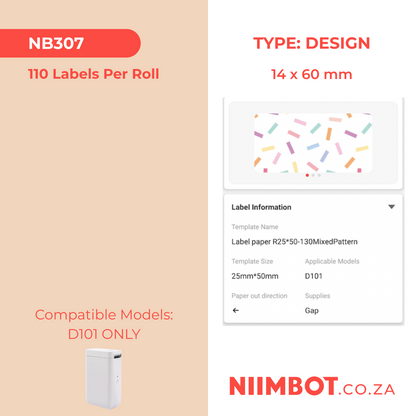 NB307 - NIIMBOT - D101 ONLY - R14X60MM - 110 LABELS PER ROLL - MIXED PATTERN DESIGN