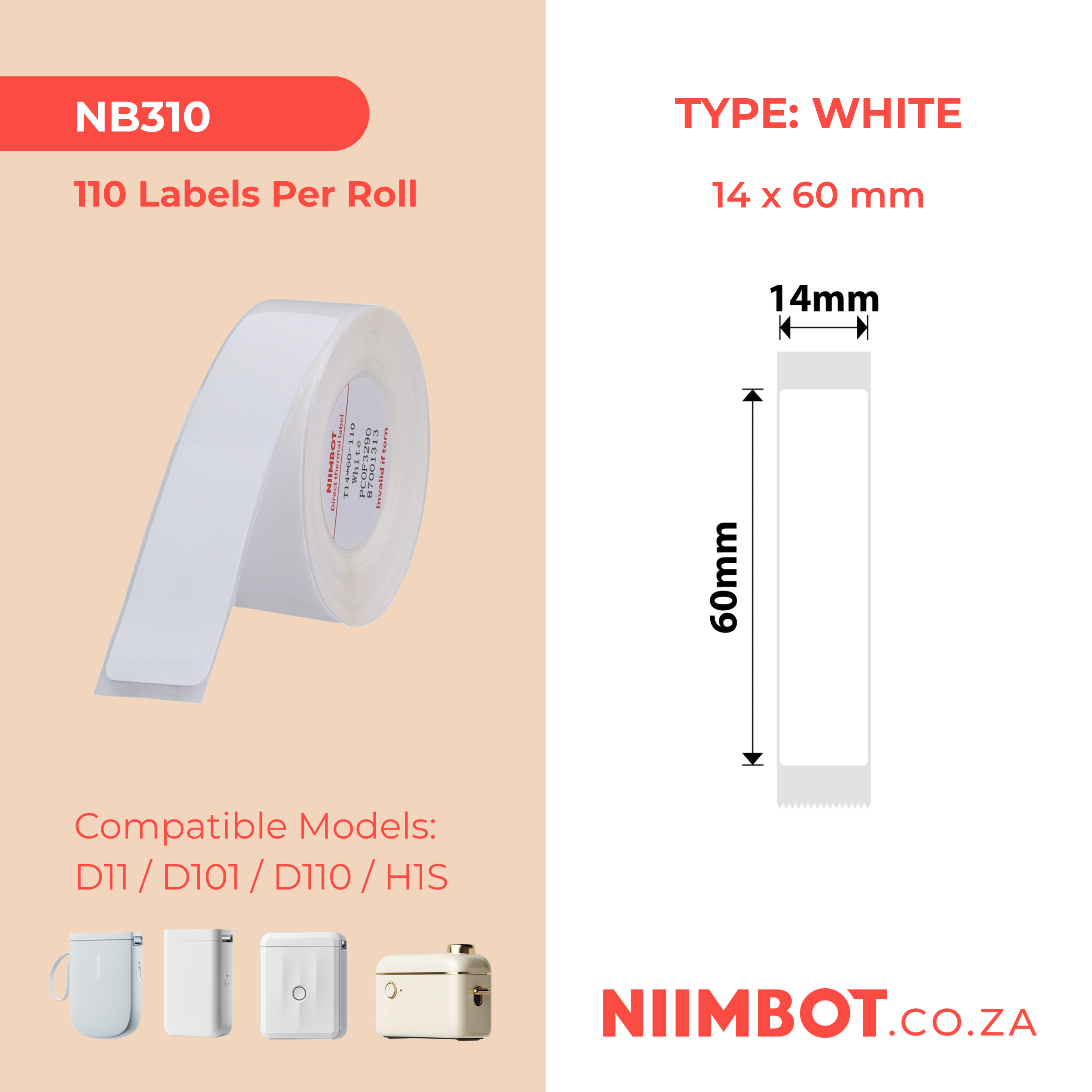 NB310 - NIIMBOT - D11 / D101 / D110 / H1S - R14X60MM - 110 LABELS PER ROLL - WHITE
