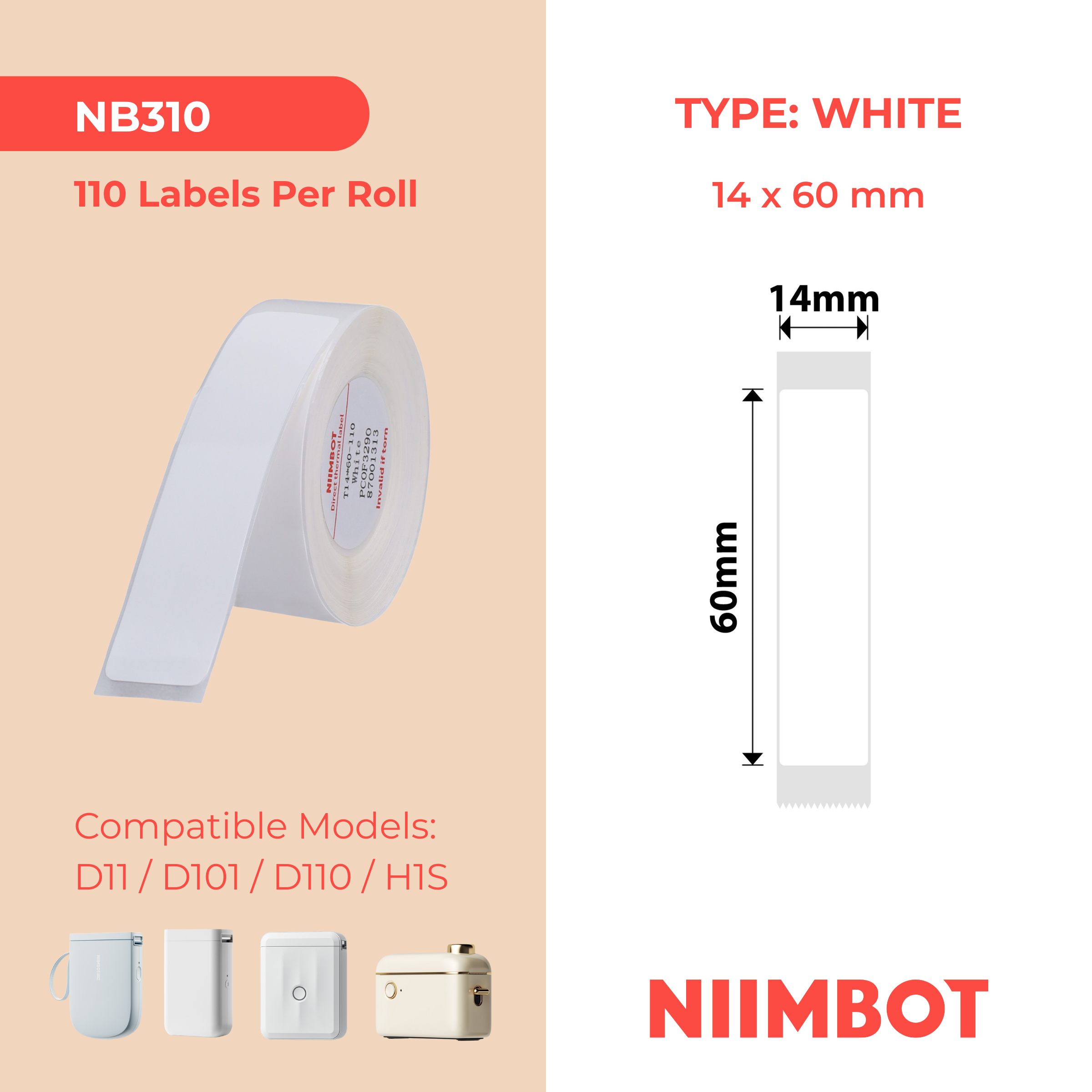 NB310 - Niimbot - D11 / D101 / D110 / H1S - 14x60mm - 110 White Labels