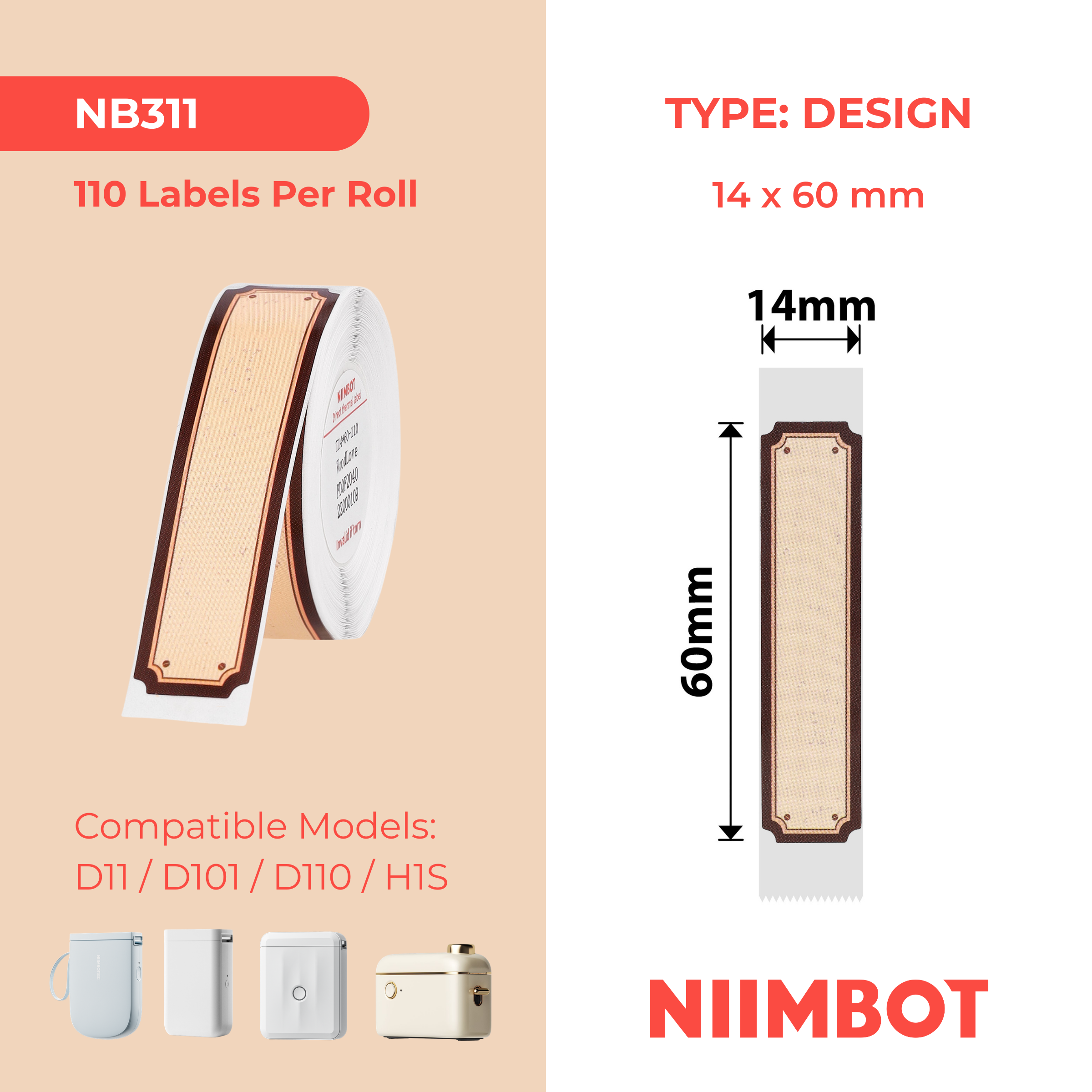 NB311 - Niimbot - D11 / D101 / D110 / H1S - 14x60mm - 110 Wood Love Labels