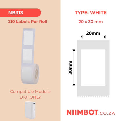 NB313 - NIIMBOT - D101 ONLY - R20X30MM - 210 LABELS PER ROLL - WHITE