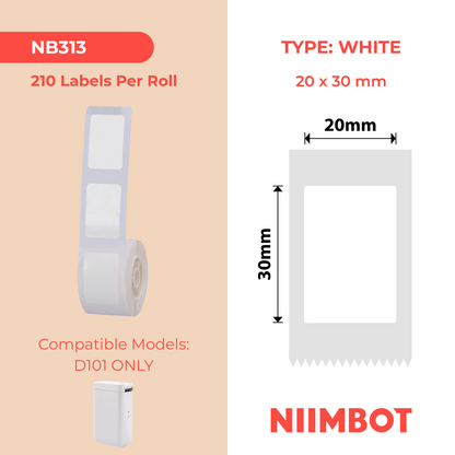 NB313 - NIIMBOT - D101 ONLY - R20X30MM - 210 LABELS PER ROLL - WHITE