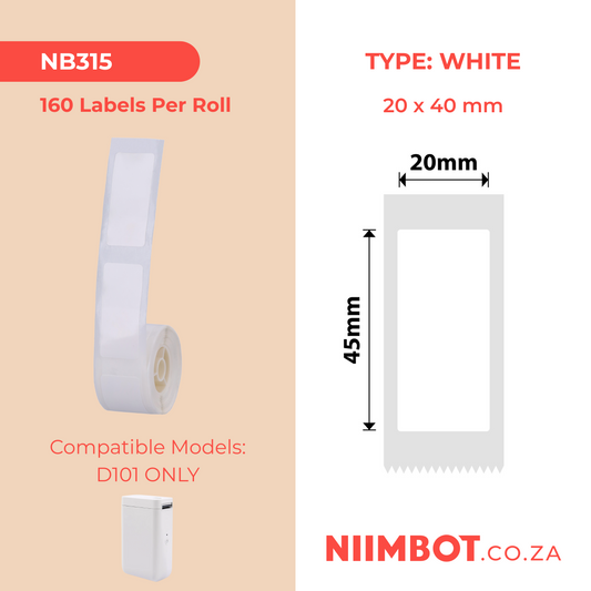 NB315 - NIIMBOT - D101 ONLY - R20X45MM - 150 LABELS PER ROLL - WHITE