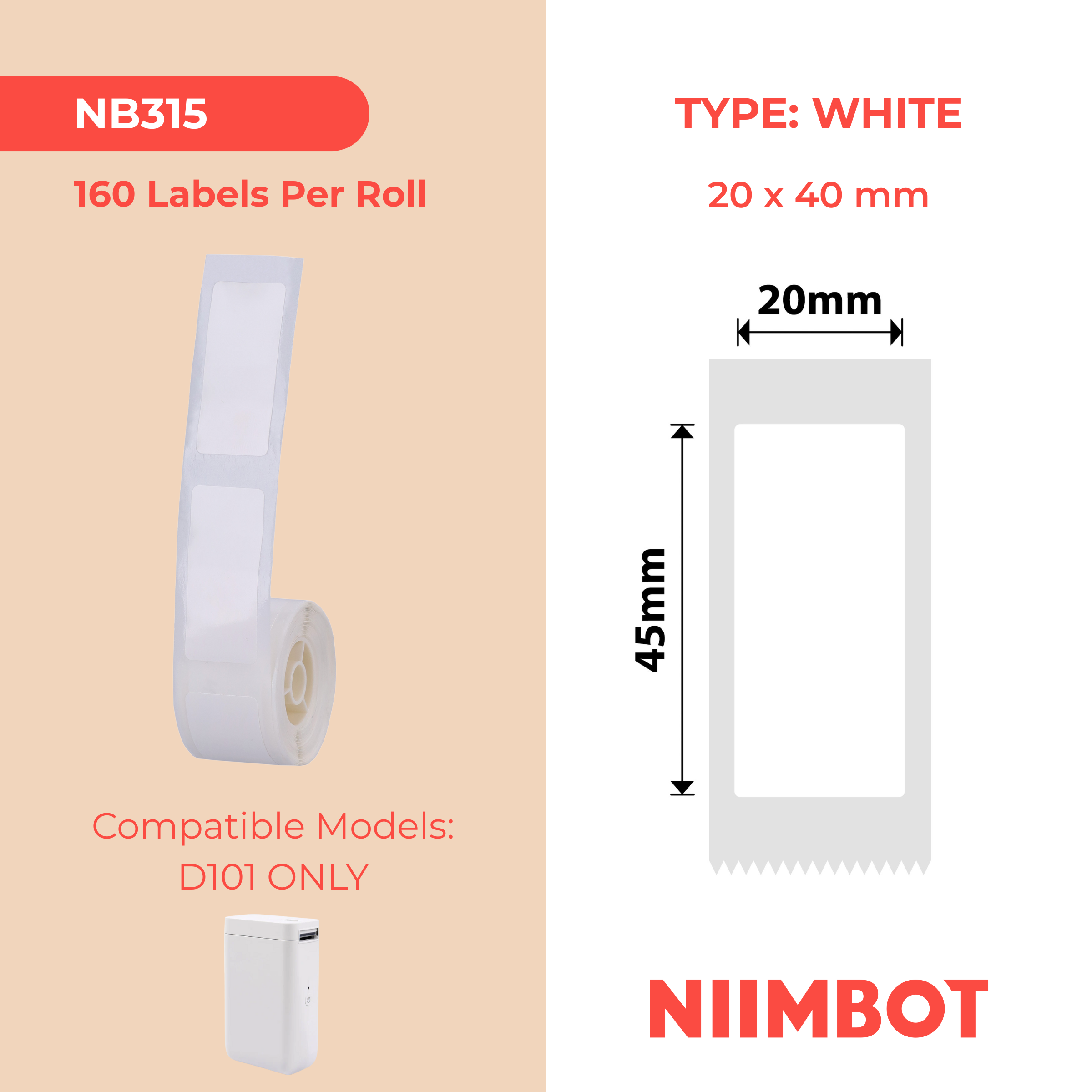 NB315 - Niimbot - D101 Only - 20x45mm - 140 White Labels