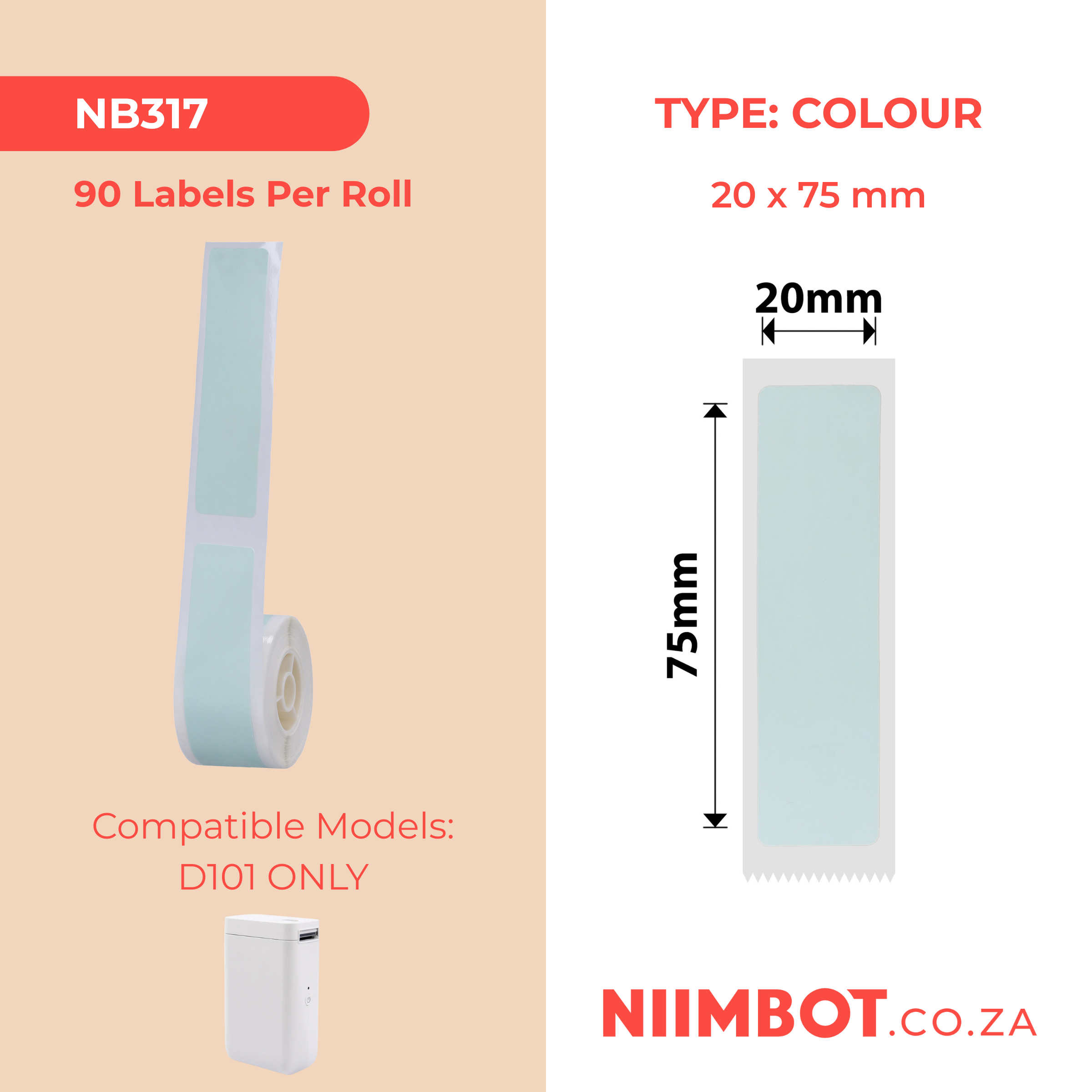 NB317 - NIIMBOT - D101 ONLY - R20X75MM - 90 LABELS PER ROLL - SOLID - GREEN