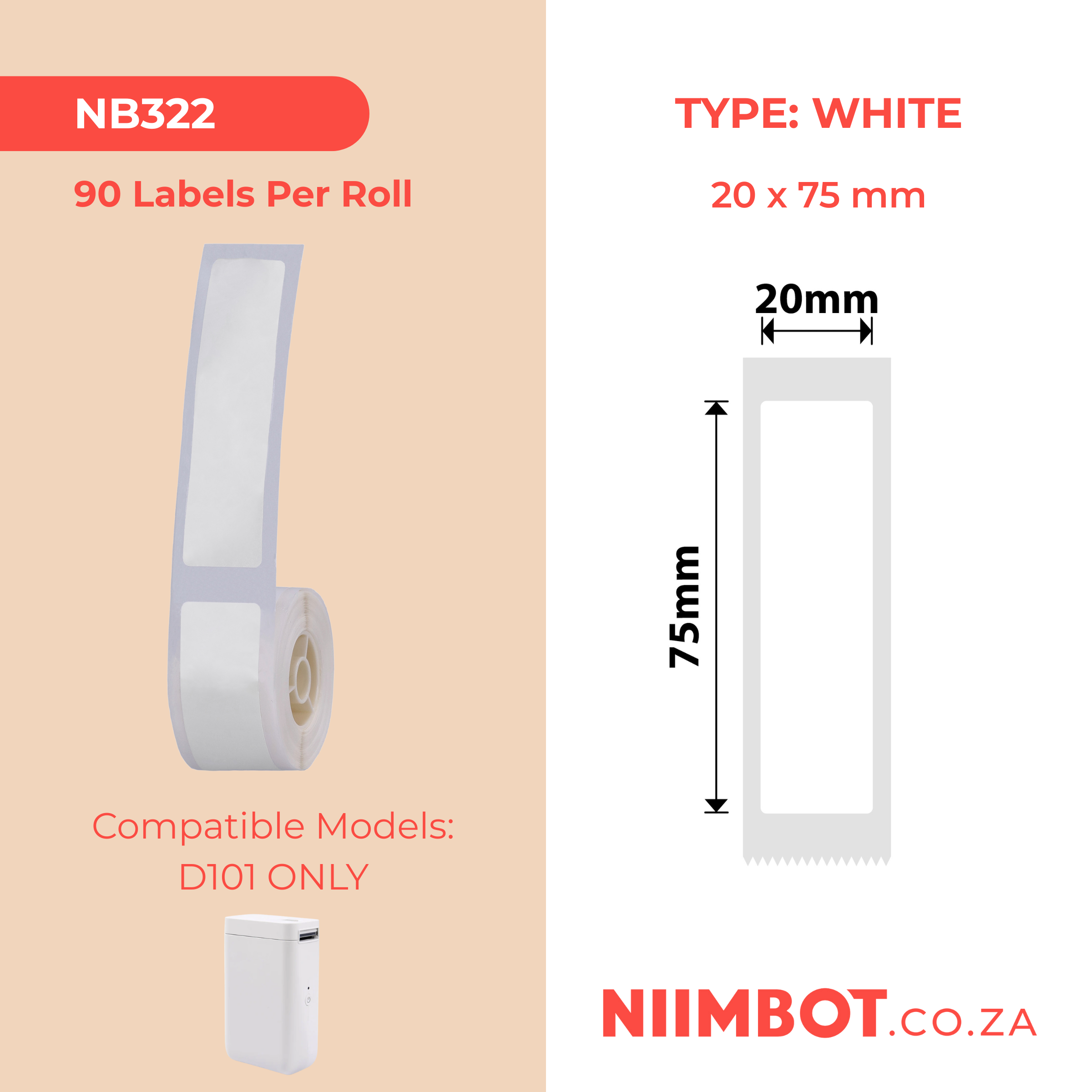 NB322 - NIIMBOT - D101 ONLY - R20X75MM - 90 LABELS PER ROLL - WHITE