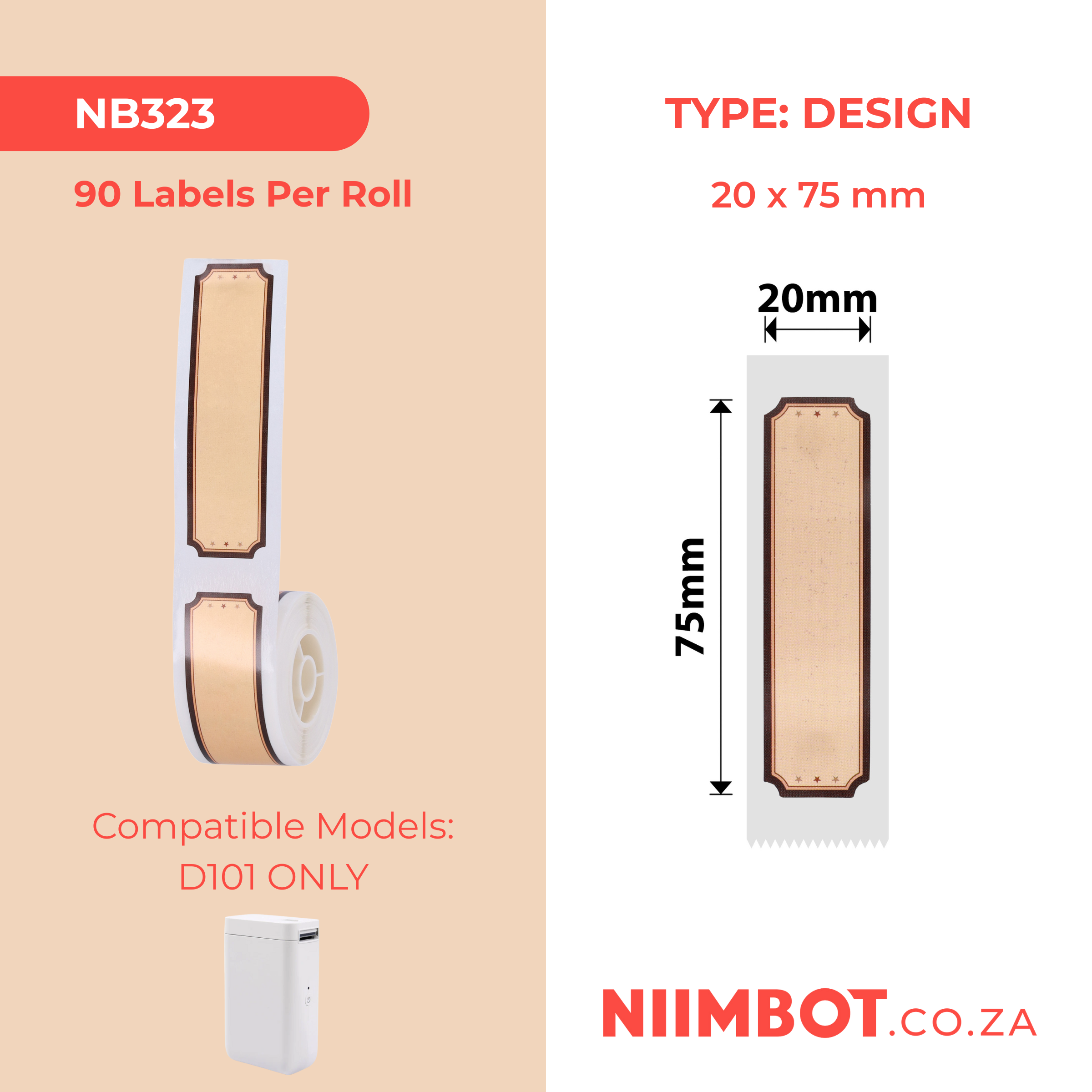 NB323 - NIIMBOT - D101 ONLY - R20X75MM - 90 LABELS PER ROLL - BROWN WOOD DESIGN