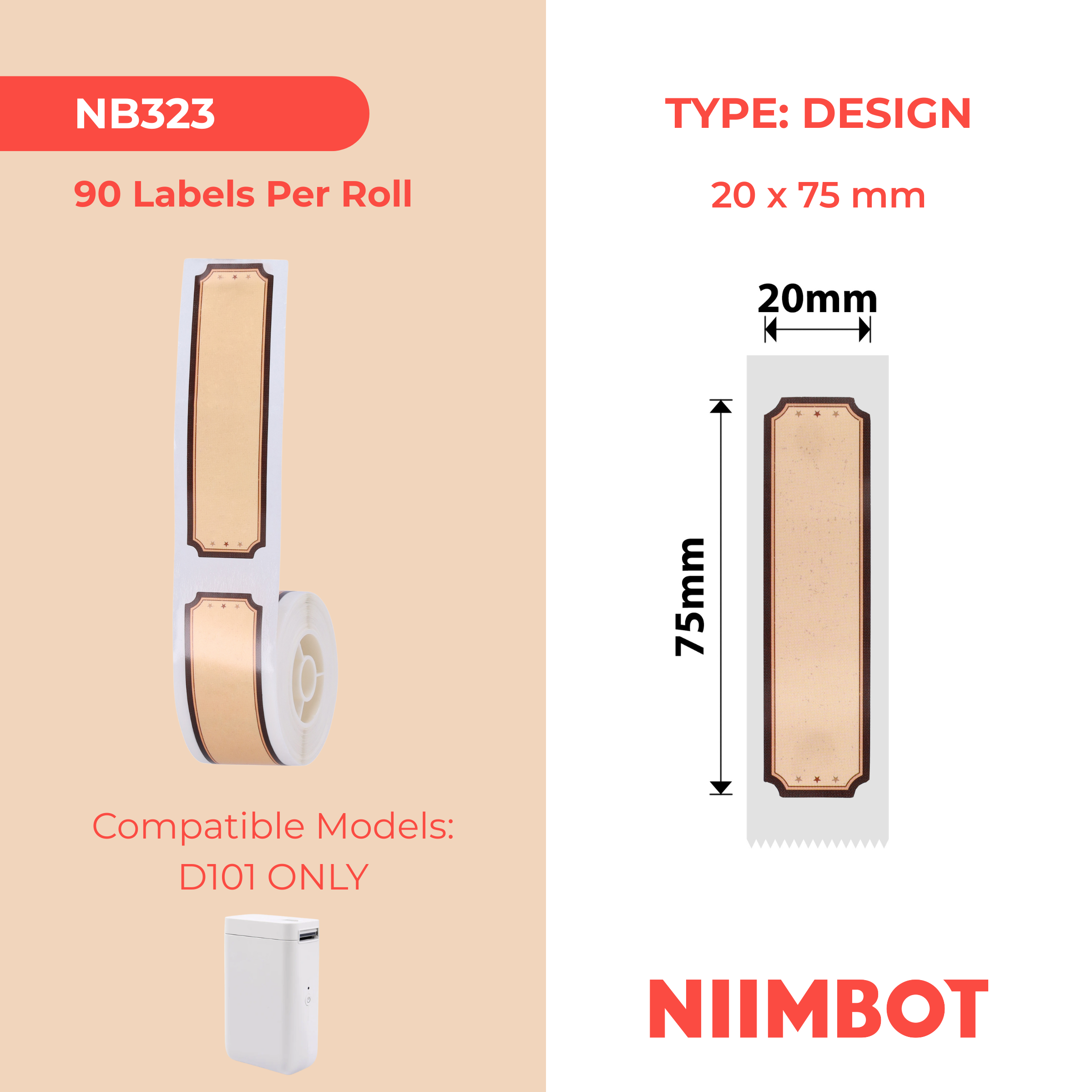 NB323 - NIIMBOT - D101 ONLY - R20X75MM - 90 LABELS PER ROLL - BROWN WOOD DESIGN