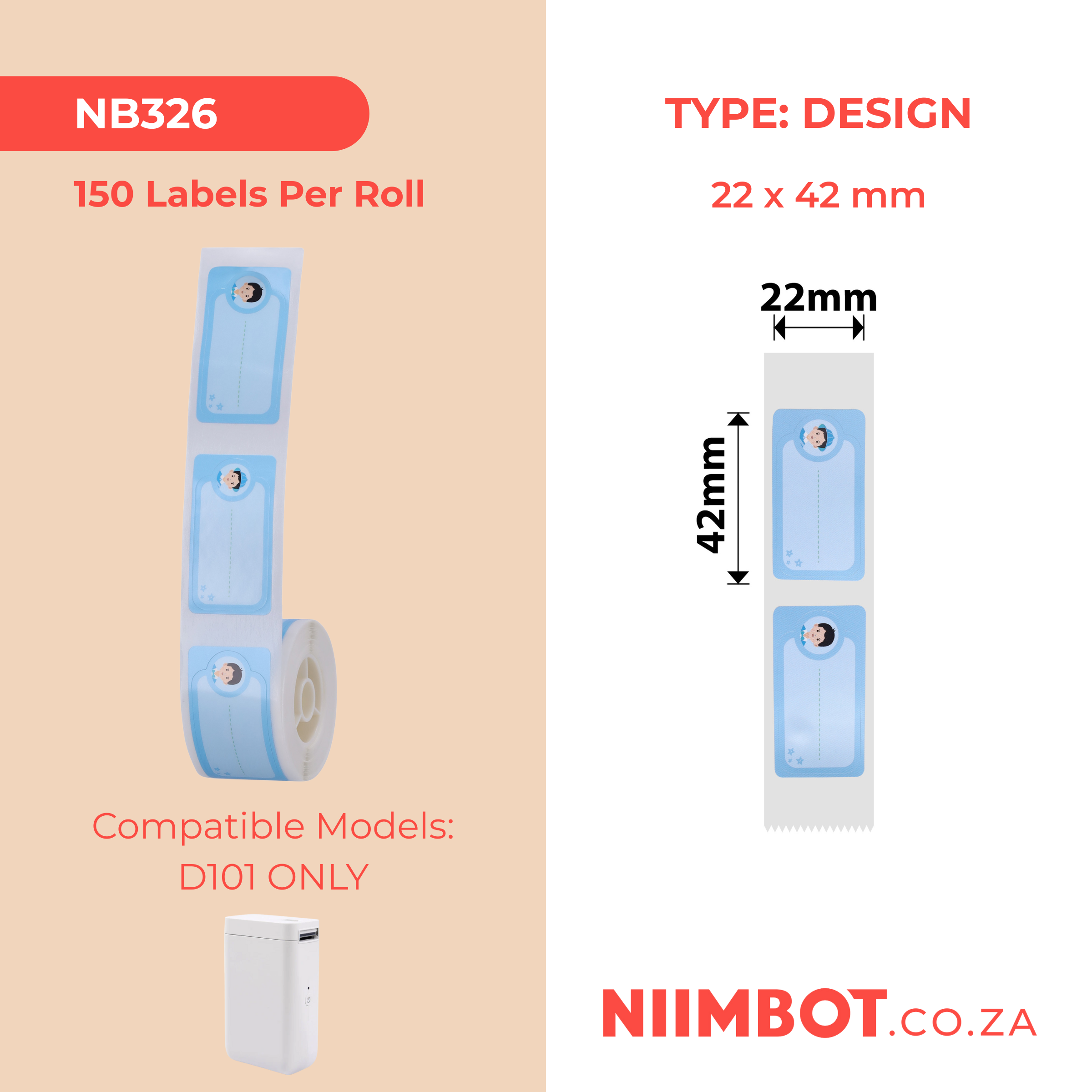 NB326 - NIIMBOT - D101 ONLY - R22X42MM - 150 LABELS PER ROLL - COOL BOY - DESIGN
