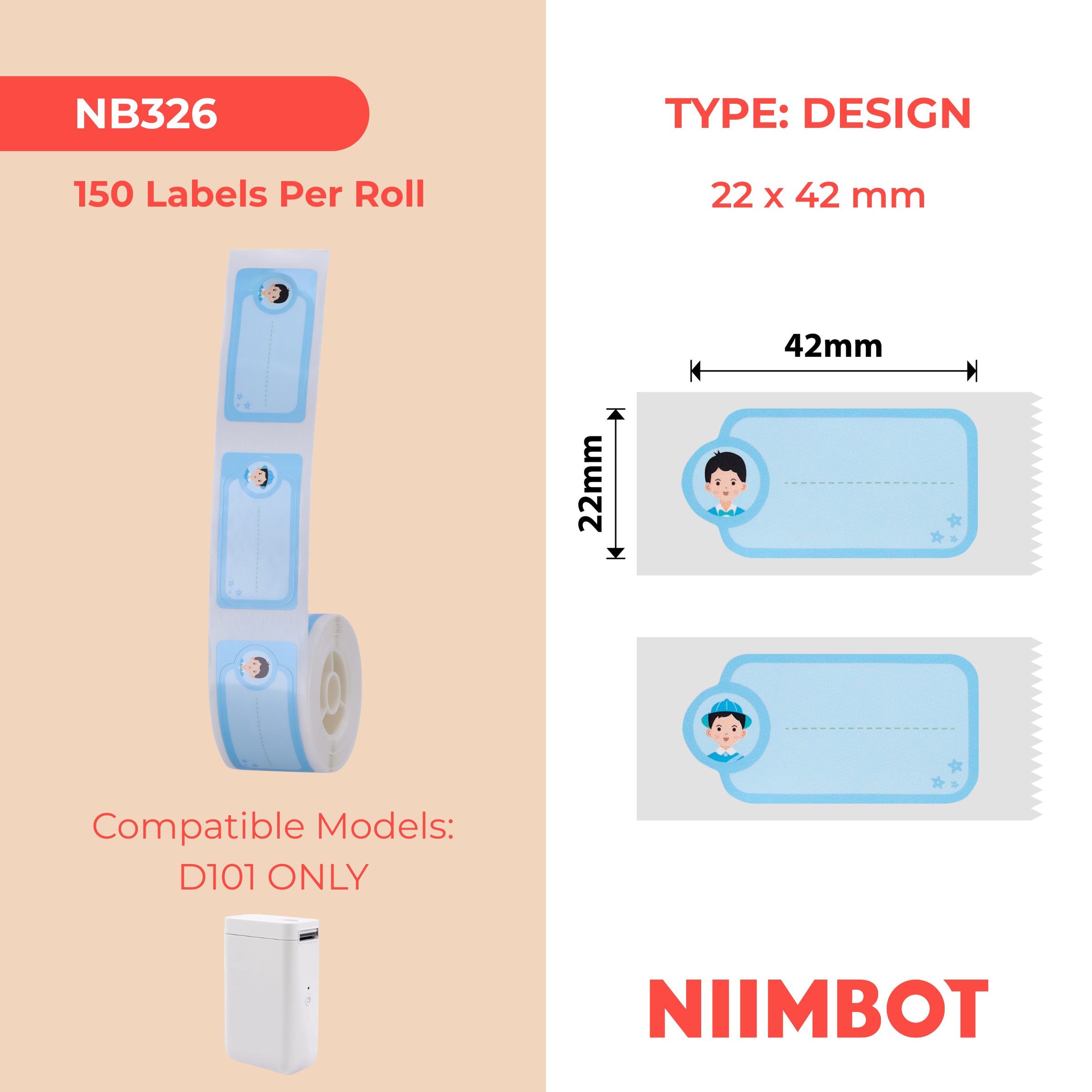 NB326 - Niimbot - D101 Only - 22x42mm - 150 Cool Boy Labels