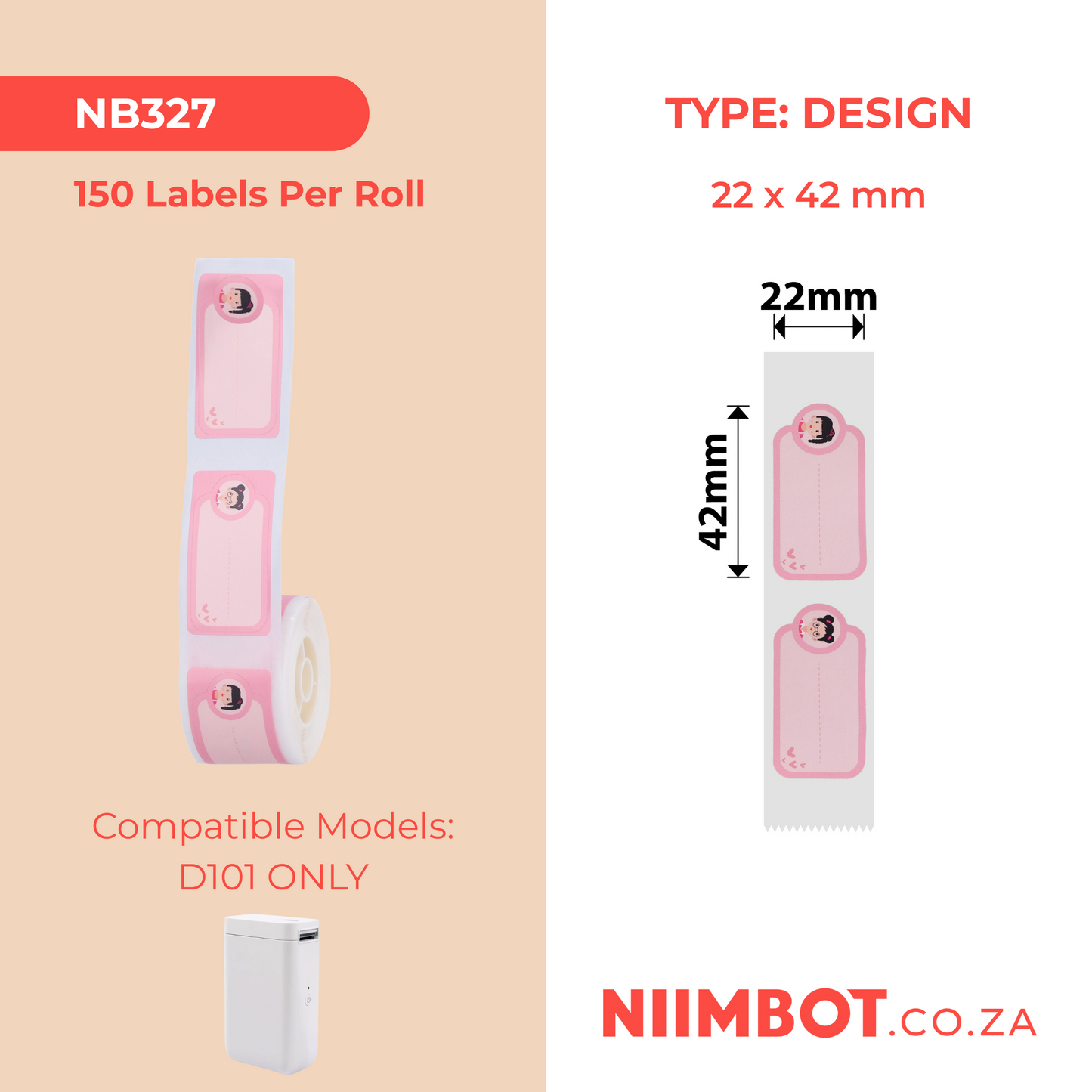 NB327 - NIIMBOT - D101 ONLY - R22X42MM- 150 LABELS PER ROLL - SWEET BABY DESIGN