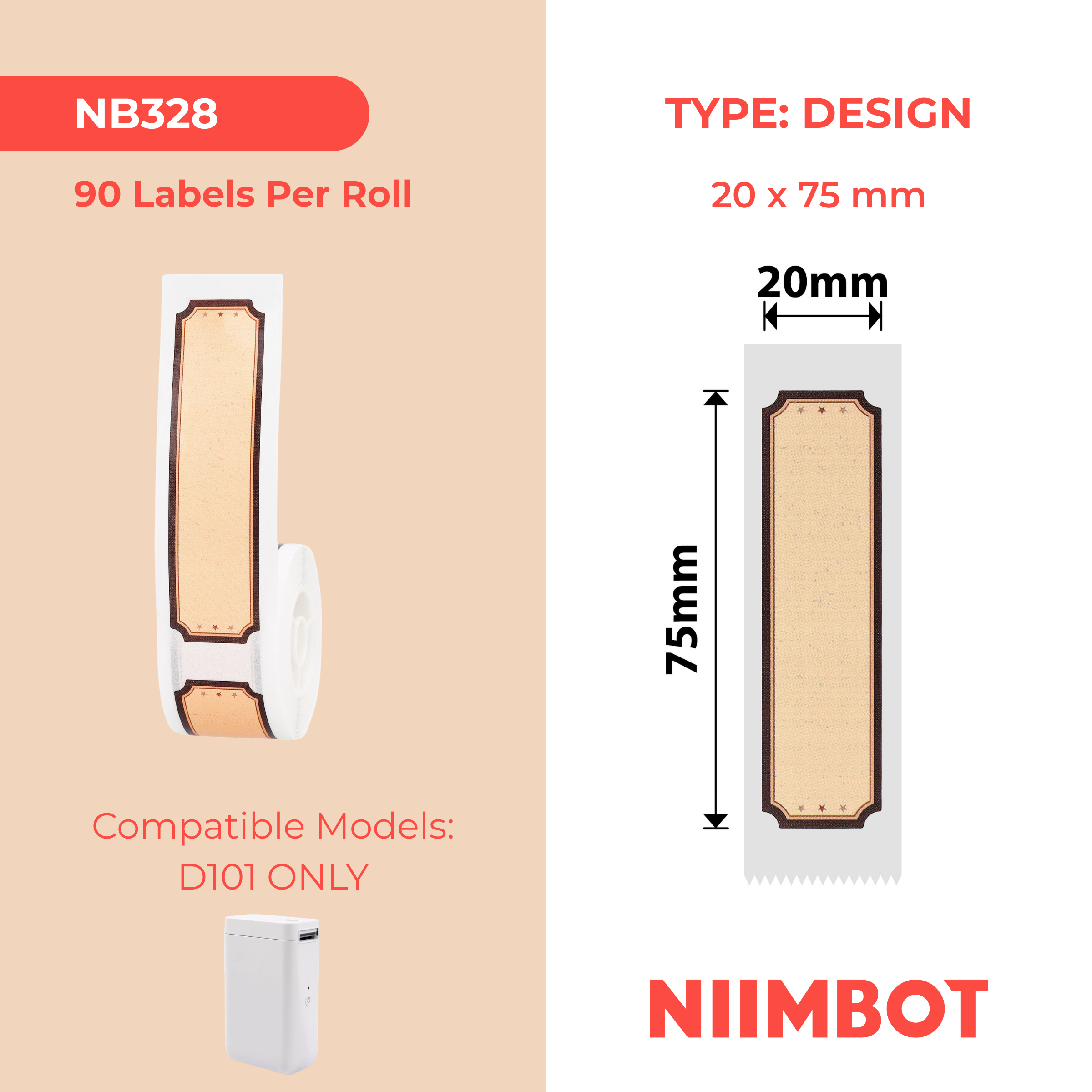 NB328 - Niimbot - D101 Only - 20x75mm - 90 Wood Love Labels