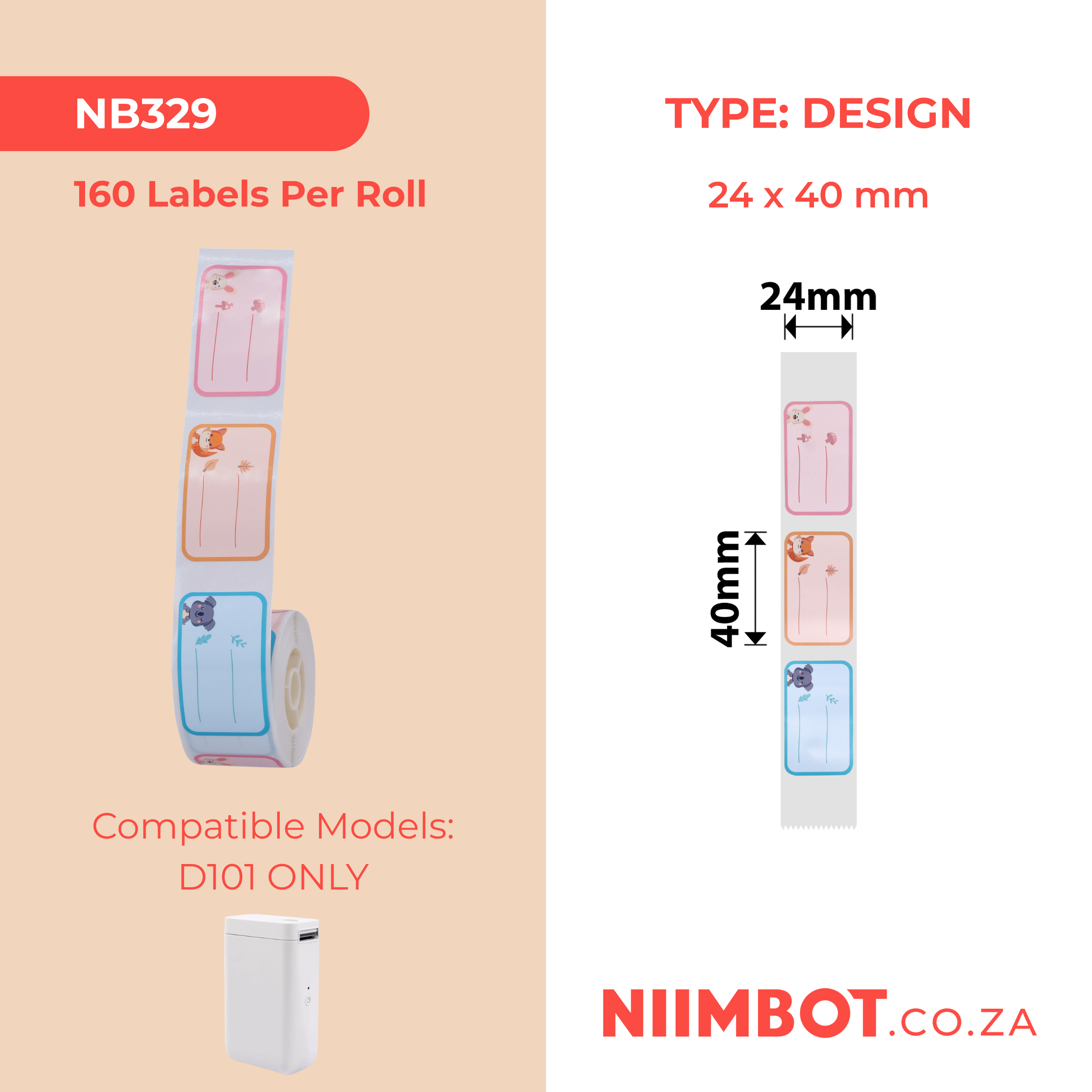 NB329 - NIIMBOT - D101 ONLY - R24X40MM - 160 LABELS PER ROLL - ANIMAL LEAGUE DESIGN