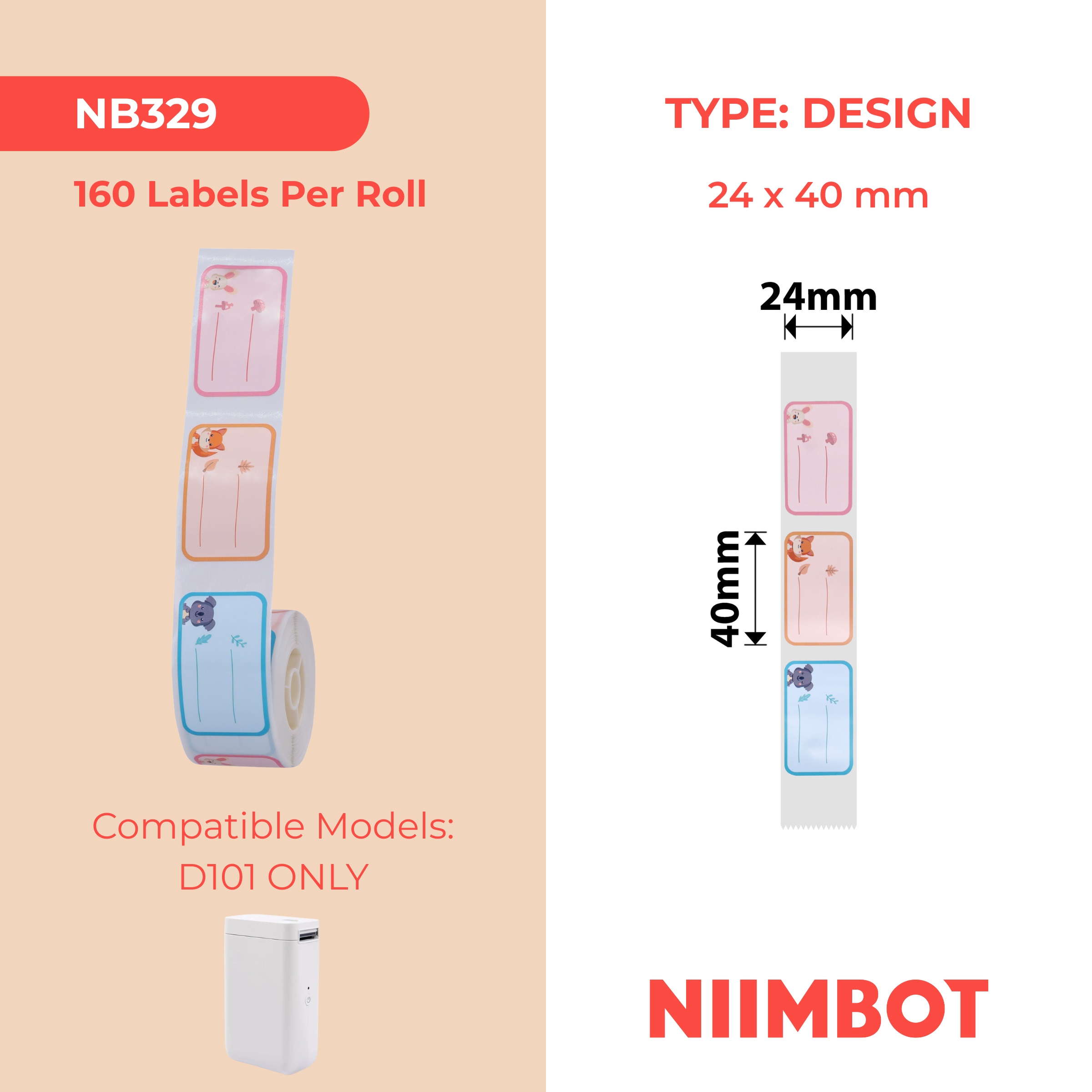 NB329 - NIIMBOT - D101 ONLY - R24X40MM - 160 LABELS PER ROLL - ANIMAL LEAGUE DESIGN