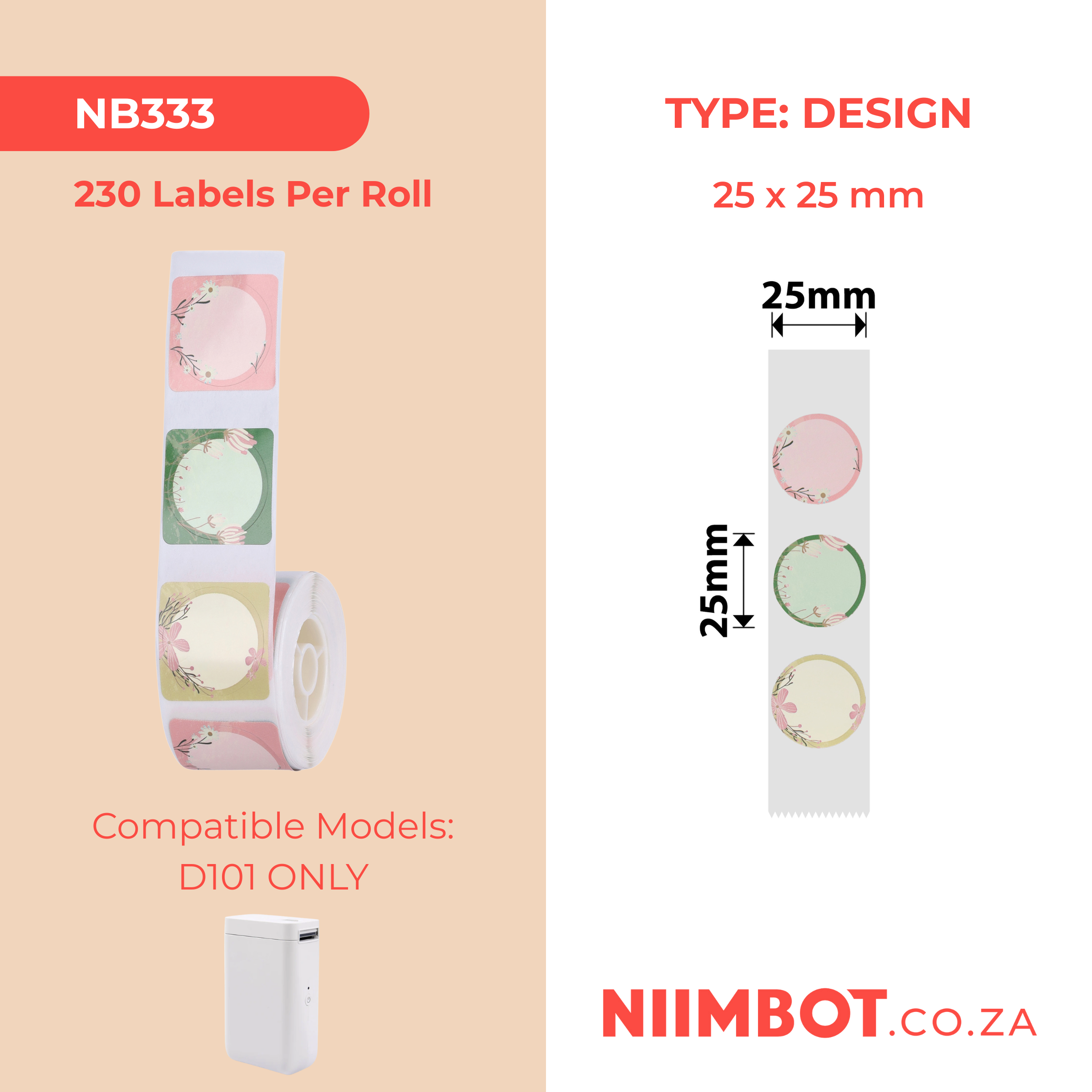 NB333 - NIIMBOT - D101 ONLY - R25X25MM - 230 LABELS PER ROLL - FLOWER DESIGN